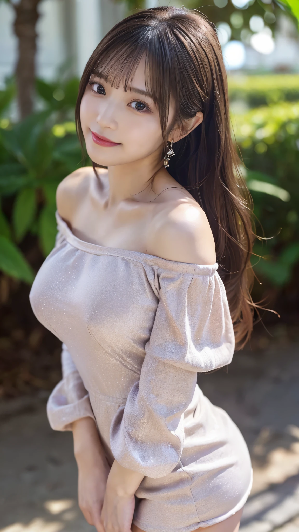 (Detailed skin:1.2),(Shiny skin:1.1),8k,Highest quality, masterpiece, Ultra-high resolution,(Realistic:1.4), RAW Photos,(Soft saturation:1),(Fair skin:1.2),(Succubus:1.2),Half-Japanese beauty,23 years old, (Light brown hair),(Long Hair:1.3)), (Pretty face:1.4), (Large Breasts, Tight waist,Big firm hips:1.2), ((Beautiful lighting:1.3)), ((Off the shoulder、Mini Dress:1.2)),(Highly detailed face, Highly detailed lips, fine grain, double eyelid,Highly detailed and evenly balanced eyes), (Sharp focus:1.2), ((Full Body Shot)),(Perfect Anatomy:1.3),(Beautiful woman with perfect figure: 1.2)、((Random sexy poses:1.2))、Sharp Eyes,smile,(Seaside cottage)