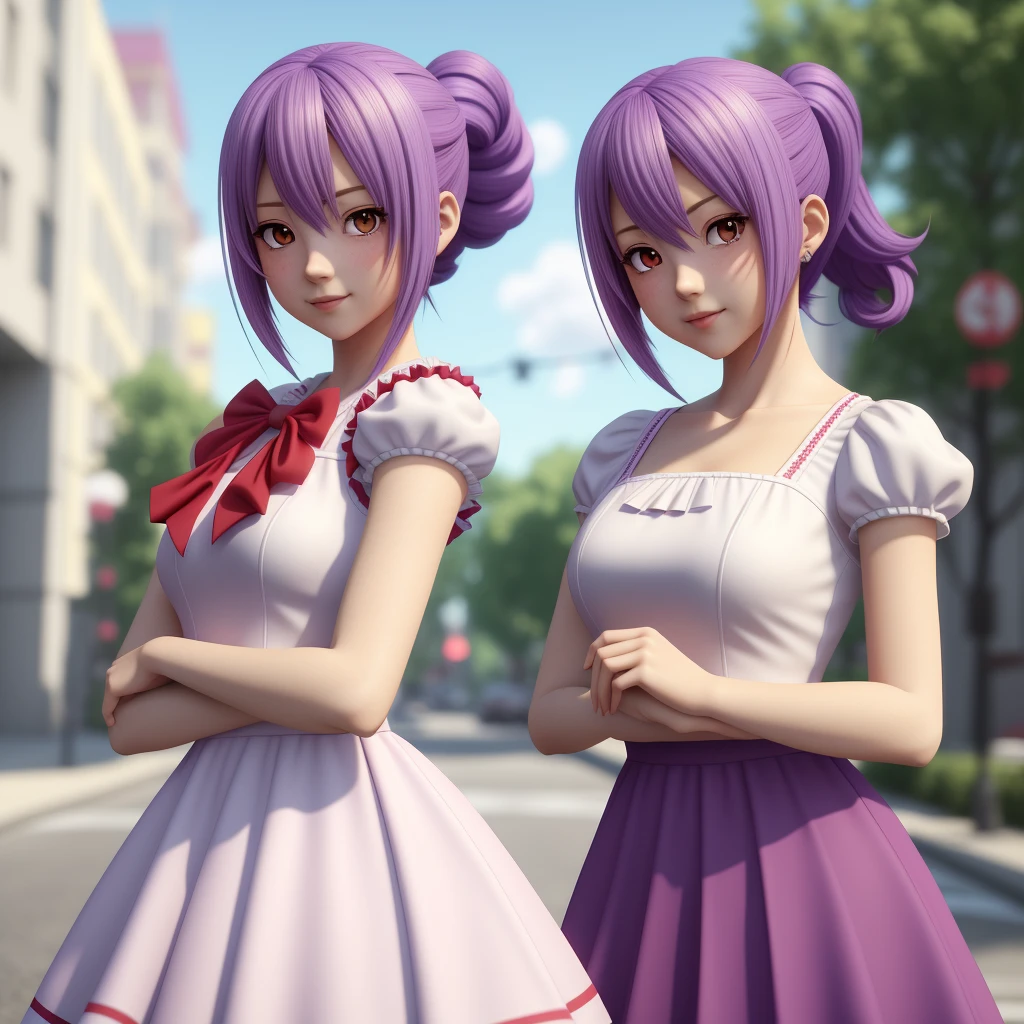 anime - style 4girls with purple hair with a red cape and white dress, hide fingers, anime styled 3d, render of a cute 3d anime girl, cute! c4d, stylized anime, y 4 k cutecore clowncore, clearly image, cute 3 d render, kawaii hq render, anime stylized, 3d anime girl, high res render, blur gradation background, distance, no weld blend character, no shadows