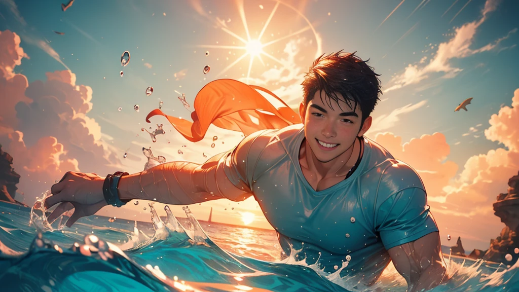 {best quality}, {very aesthetic}, {ultra-detailed}, {8k}, {Super elaborate face}, {Super-smart body}, {best illustration}, Mature face, 20歳no, swim under the sea, (In the water), Midsummer Seafloor, Ocean floor at dusk, smile, Super-detailed dolphin, 夕日が刺し込むIn the water, T-Shirts, Sand on the seabed, Soft Light, Coral Reef, full body view, flat chest, Orange sunset, Black Hair,