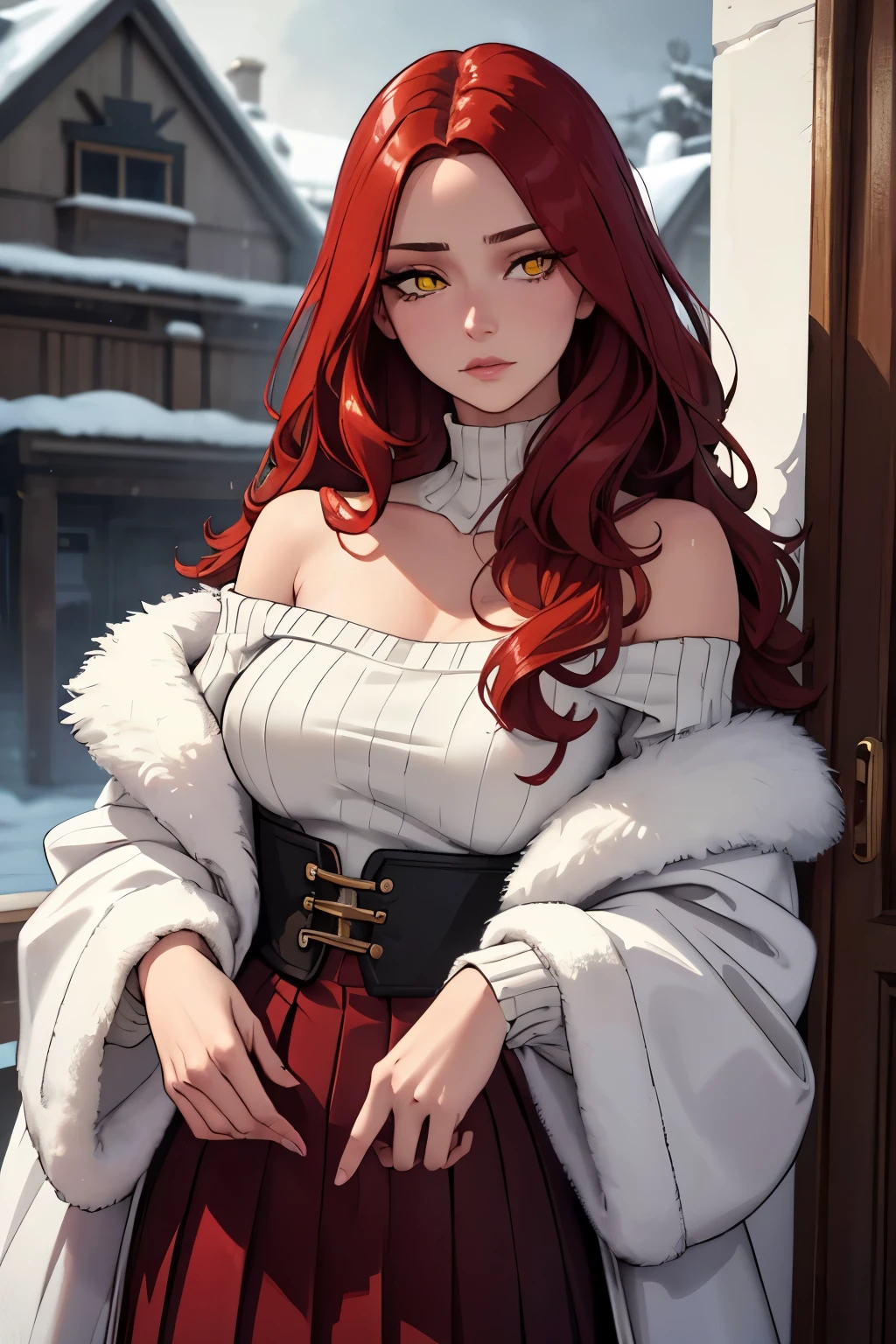 a beautiful young woman, slender body, detailed lips, long wavy red hair, yellow eyes, white off-shoulder sweater, white fur coat, black pleated skirt, on a cozy house, nervous expression, detailed eyes, detailed face, longeyelashes, fashion portrait, cinematic lighting, warm color tones, soft focus