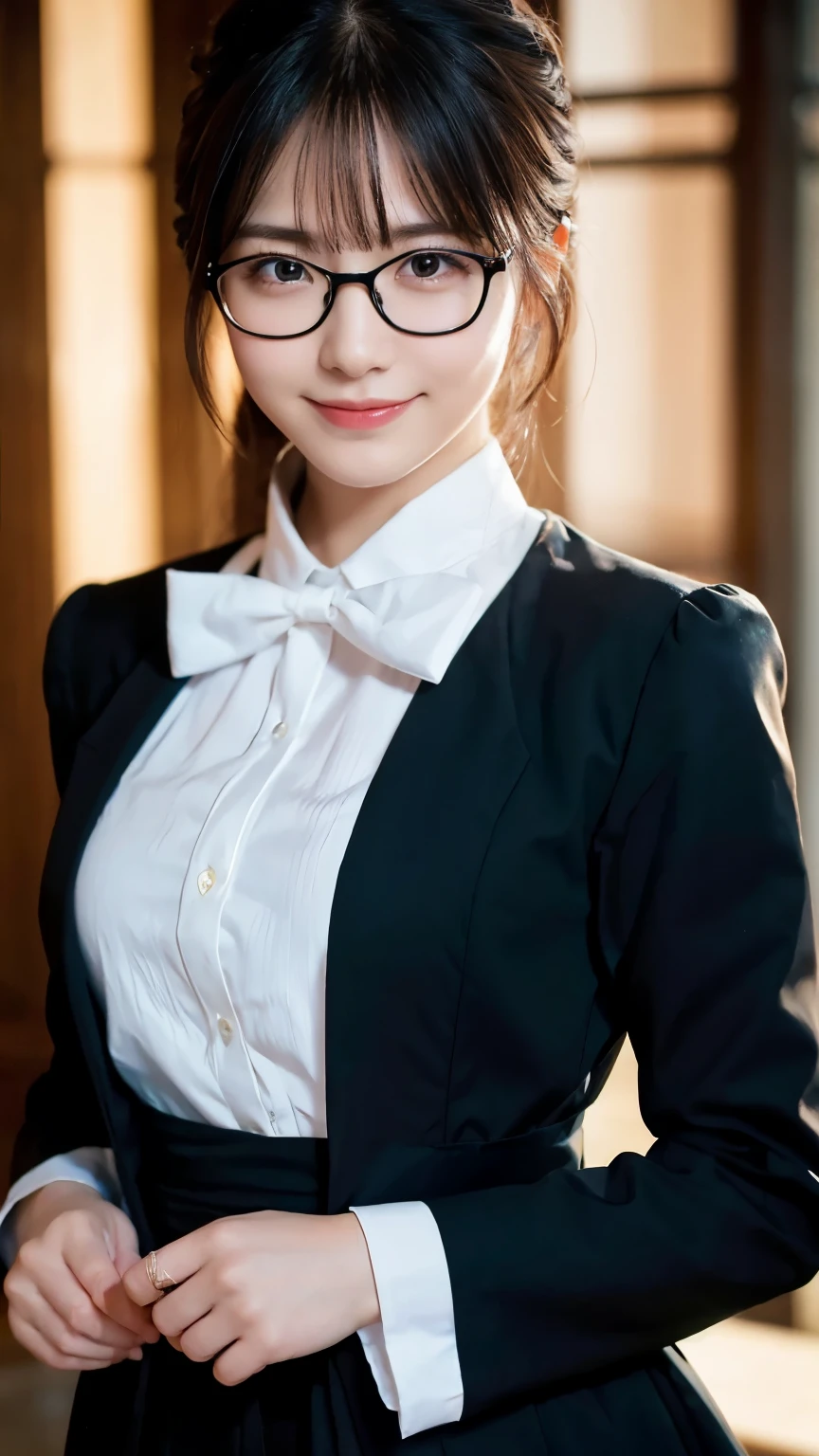 (Highest quality,masterpiece:1.3,Ultra-high resolution),(Very detailed,Caustics,8k),(Realistic:1.4,RAW shooting),A girl dressed as a butler,Japanese,boyish,smile,20-year-old,Short black hair,Glasses,Looking into the camera,Inside the Western-style building,Waist up shot,front,Face Focus,Face close-up,(Warm Light),Professional Writing