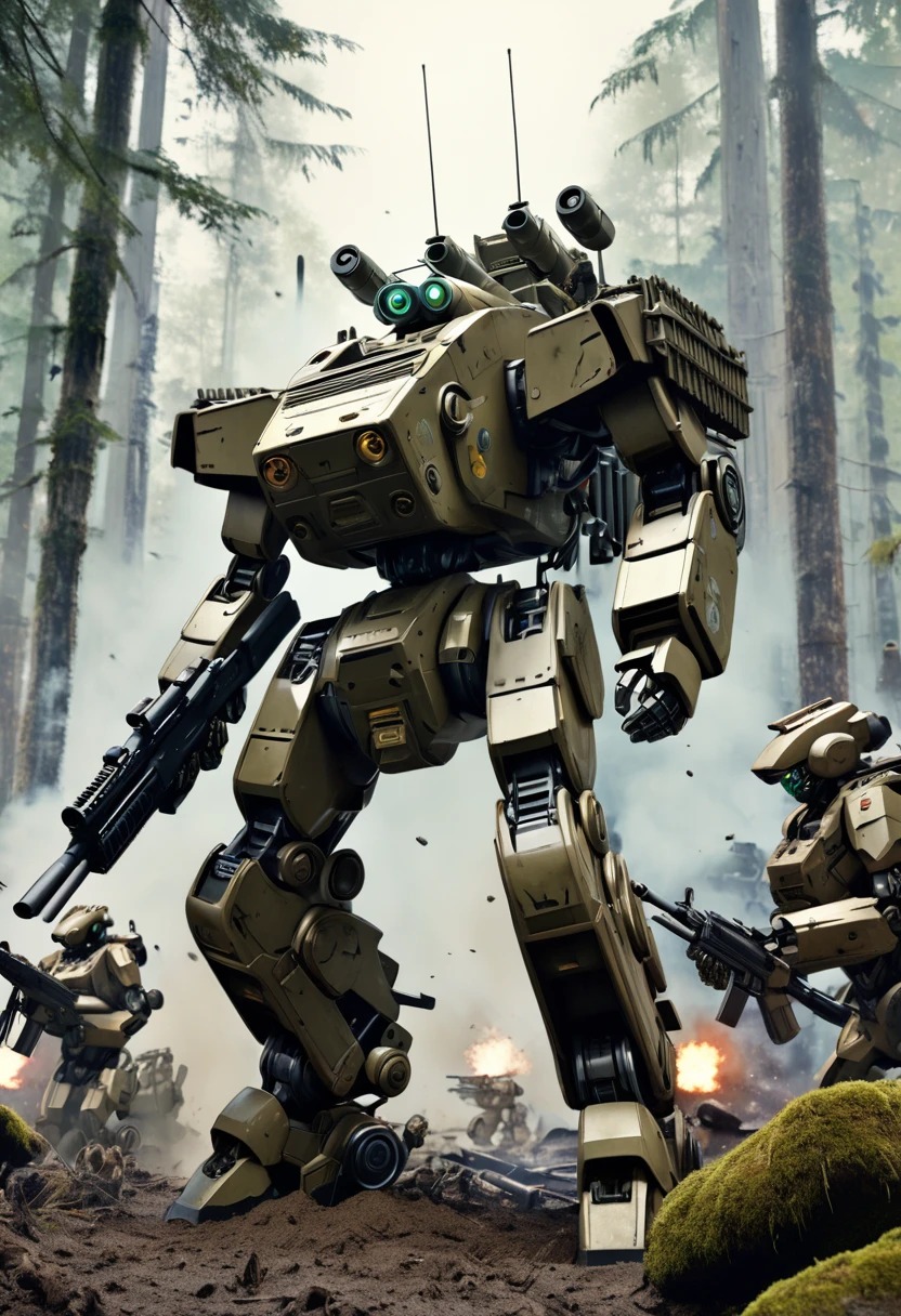 a highly detailed 3d cg art of a 2 meter tall stylish land battleship-like robot operated by a single humanoid, with a spherical head featuring a single goggle-like eye, reactive forest camouflage armor on the body and legs, a heavy machine gun on the right arm, grenades on the waist, a boarding gate on the back integrated into a stylish backpack, blending into a deep forest environment and firing the machine gun in a dynamic pose, with many similar robots in the background, showcasing the fusion of the robot's rugged land combat style and sleek stylish design, featuring ultra-detailed textures, scars, mud and dust, a burnt barrel on the machine gun, and ejecting cartridges, (best quality, 4k, 8k, highres, masterpiece:1.5), ultra-detailed, ultra-fine painting, physically based rendering, cinematic lighting, professional photography