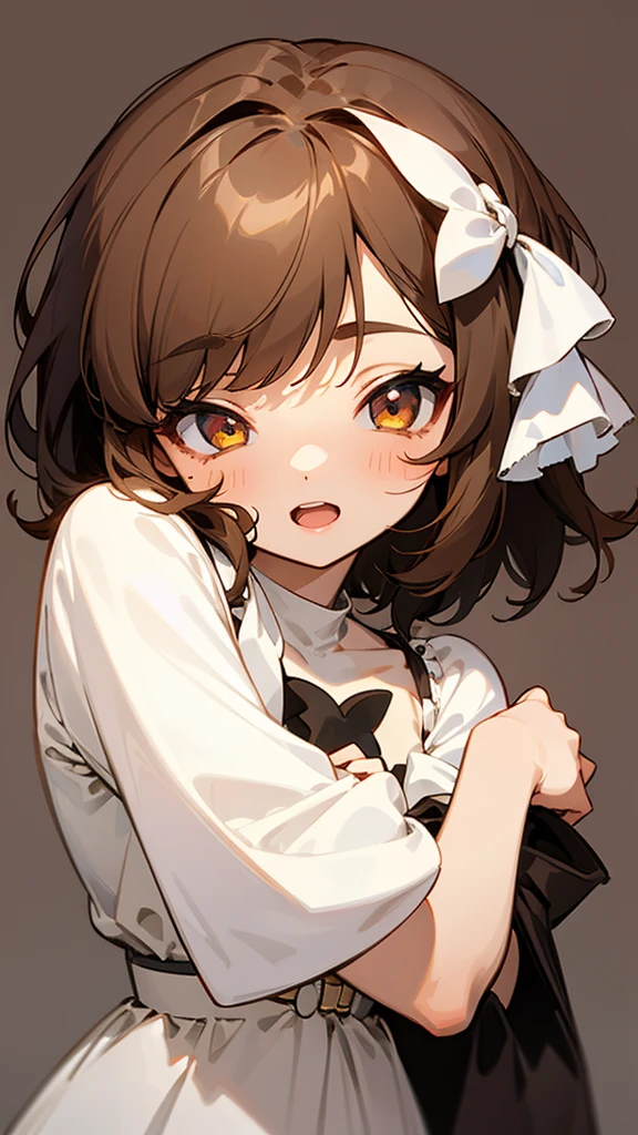 One girl, Brown Hair, Medium Hair, Textured skin, chest, Open your mouth, Bright Eyes, happiness/joy, Simple Background,,Anime Bangs, Dress up、Hair that hides one eye,Lady、Princess、2 heads、chibi   character、chibi style
