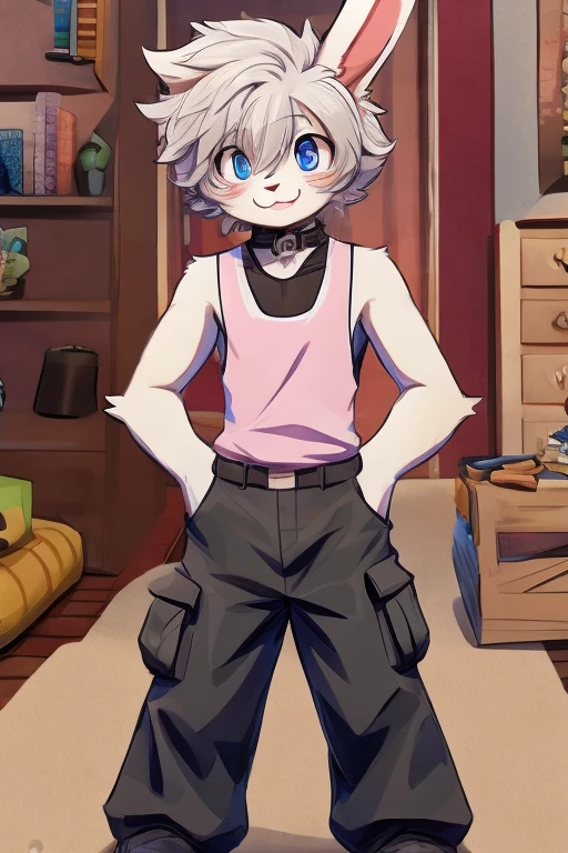 Art kemono,furry Masculine,furry rabbit,Rabbit ears,High,white fur color,Short hair,Curly hair,White hairCute faceLight blue eyes,Smiling,Blinking the eye,Tank top,Black shirt color,cargo pants,Pant color dark blue,Apartment cartoon scenery.