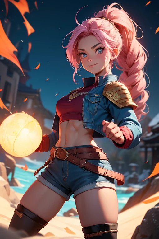 Beautiful dwarf woman, Single Women, Dwarf DND Female, Pink long braids, Fear, Hazel eyes, muscular, sports, Crop Top, short and small, Broad shoulders, Mature woman, Smile, small , Blue Jacket, Blue shorts, fighter, muscular abdomen, muscular的大腿, muscular biceps , Happy expression, masterpiece, Highest detail, Japanese cartoons, Dragon Ball Style, Action poses, Martial Artist.