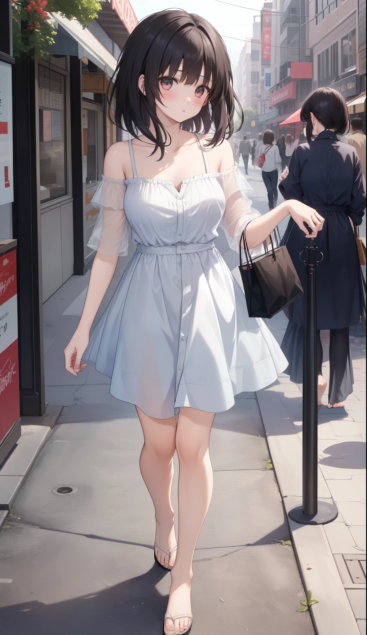 A girl、positive、Standing、Full body portrait、Black Hair、Medium Hair、blush、Absolute area、No underwear、(NUDE:1.3)、not good、barefoot、Light blue dress、Off-shoulder dress、(Large breasts)、cleveage、((Lesbians around the world))、masterpiece、(best quality) 、Shirt buttons falling off、Unbutton your shirt、Exposing breasts、In the city、date、shopping street、White sandals、A man stands behind