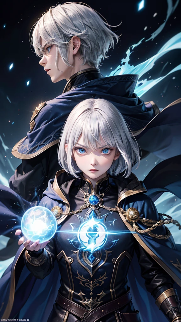 (Highest quality,Very detailed,High resolution:1.2),One adult male,Silver Hair,The most beautiful young man in human history,(1 photo from the front)、Dark blue eyes (Dark blue eyes:1.1),さみし気なaura(aura:1.1),(mysterious,Ghostly:1.1) atmosphere,Looks like half a demon,(Demonic traits,Demonic traits),(Elaborate,wonderful) ,Strong body、Shortcuts、Use magic、auraが漂う、Cape、Powerful、Confident expression、Are standing、Very Short Hair、Hair in transverse divisions、Perm、Sharp Eyes、Angry、Throws glowing blue fireballs、Emits a flash of light from the body、profile
