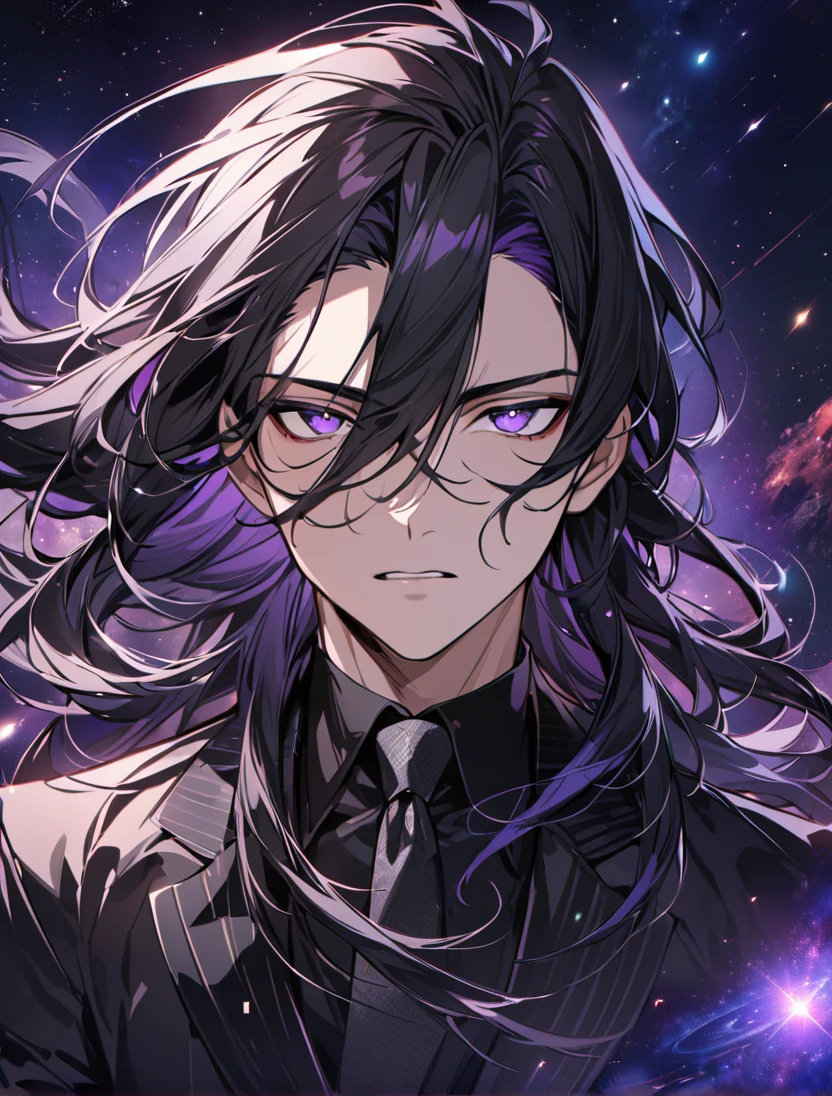 (black_hair), (long_male_hair), (deep_purple_eyes), (high_detailed_eyes), (attractive), (Deep_space_background), (male), (wears_black_suit), (long_male_hair), (detailed_Hair), (detailed), (detailed_mouth), (vertical_slit_pupils), (western) 