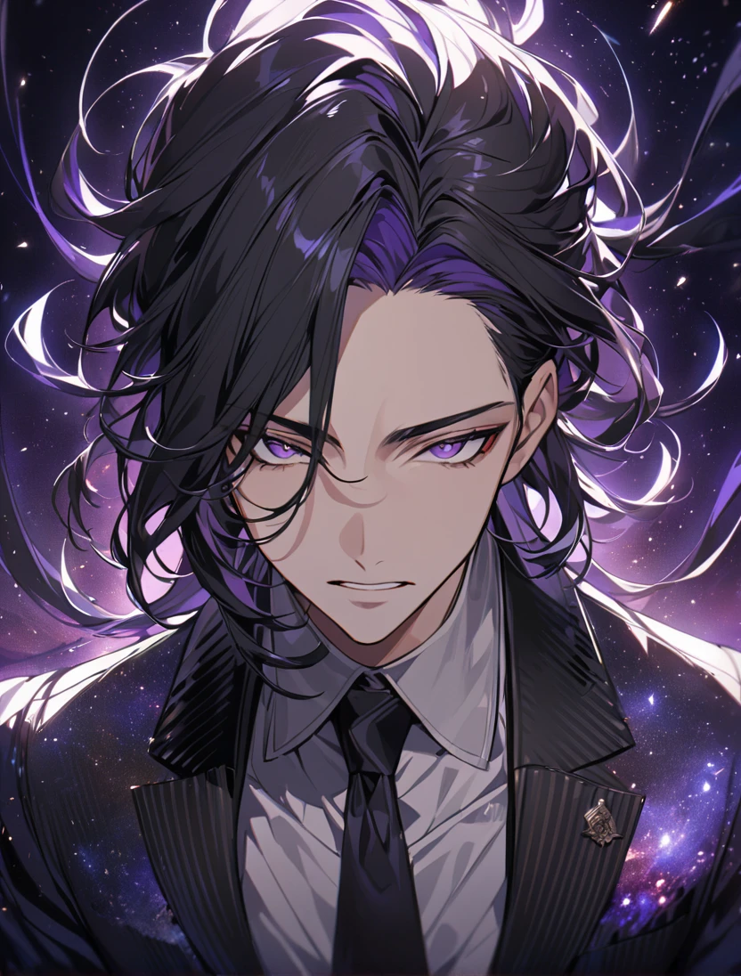 (black_hair), (long_male_hair), (deep_purple_eyes), (high_detailed_eyes), (attractive), (Deep_space_background), (male), (wears_black_suit), (long_male_hair), (detailed_Hair), (detailed), (detailed_mouth), (vertical_slit_pupils), (western)
