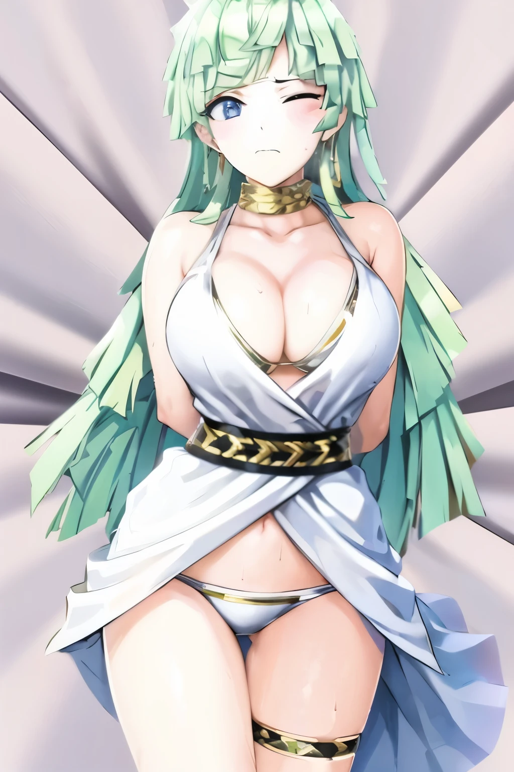 masterpiece, best quality, highres, 1girl, solo, long hair, ((large breasts)), looking at viewer, bangs, blue eyes, large breasts, dress, lie on back, bed sheets, cleavage, jewelry, swimsuit, braid, bikini, sweat, earrings, green hair, blunt bangs, bracelet, night, white bikini, (((hands tied behind))), ((arms behind back)), ((closed one eye)), ((blush)), scowl, shy,