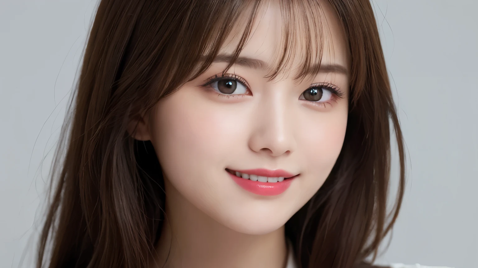 white background, bust up photo, Shows everything from the top of the head to the bust, looks happy, highest quality, shape, Super detailed, finely, High resolution, 8k wallpaper, Perfect dynamic shape, beautiful and detailed eyes, D cup, natural color lip,smile、20 year old girl, Beautiful and dense face、perfect and beautiful face,Big eyes、real photos(best image quality), blouse (off white)、looking at camera、Please stand、Do gal makeup