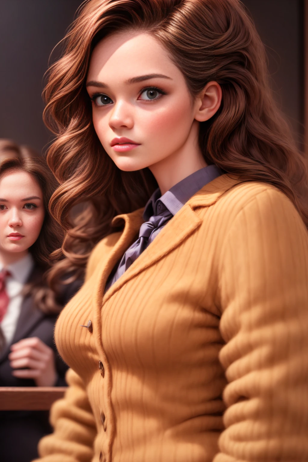 a female lawyer in the courtroom, defending a woman in front of the jury, realistic portrait, high quality, cinematic lighting, dramatic pose, serious expression, detailed facial features, long dark hair, professional business attire, dark courtroom setting, wooden furniture, focused camera angle, depth of field, ultra-detailed, photorealistic, 8k, award-winning photography