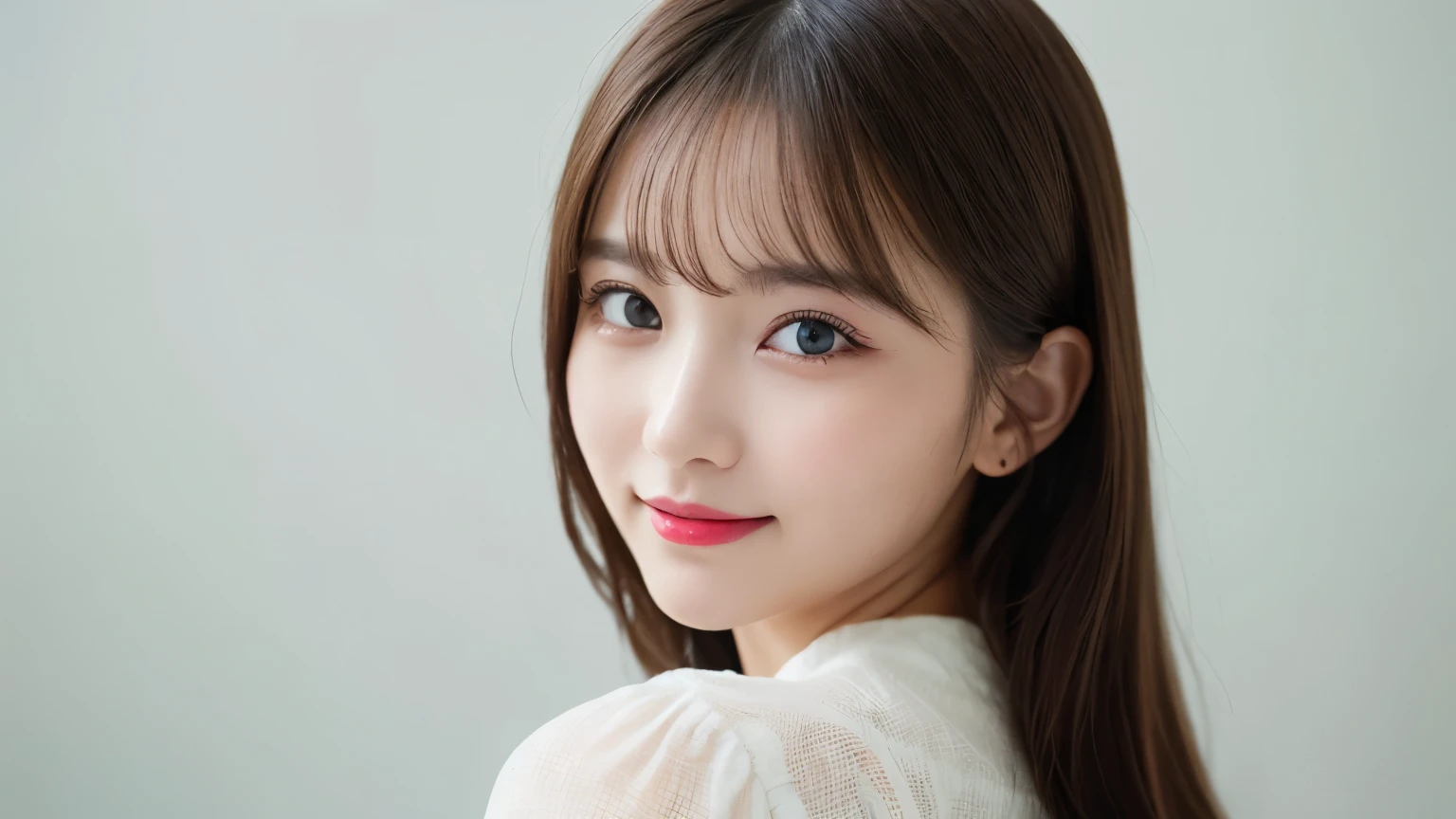 white background, bust up photo, Shows everything from the top of the head to the bust, looks happy, highest quality, shape, Super detailed, finely, High resolution, 8k wallpaper, Perfect dynamic shape, beautiful and detailed eyes, D cup, natural color lip,smile、20 year old girl, Beautiful and dense face、perfect and beautiful face,Big eyes、real photos(best image quality), blouse (off white)、looking at camera、Please stand、Do gal makeup