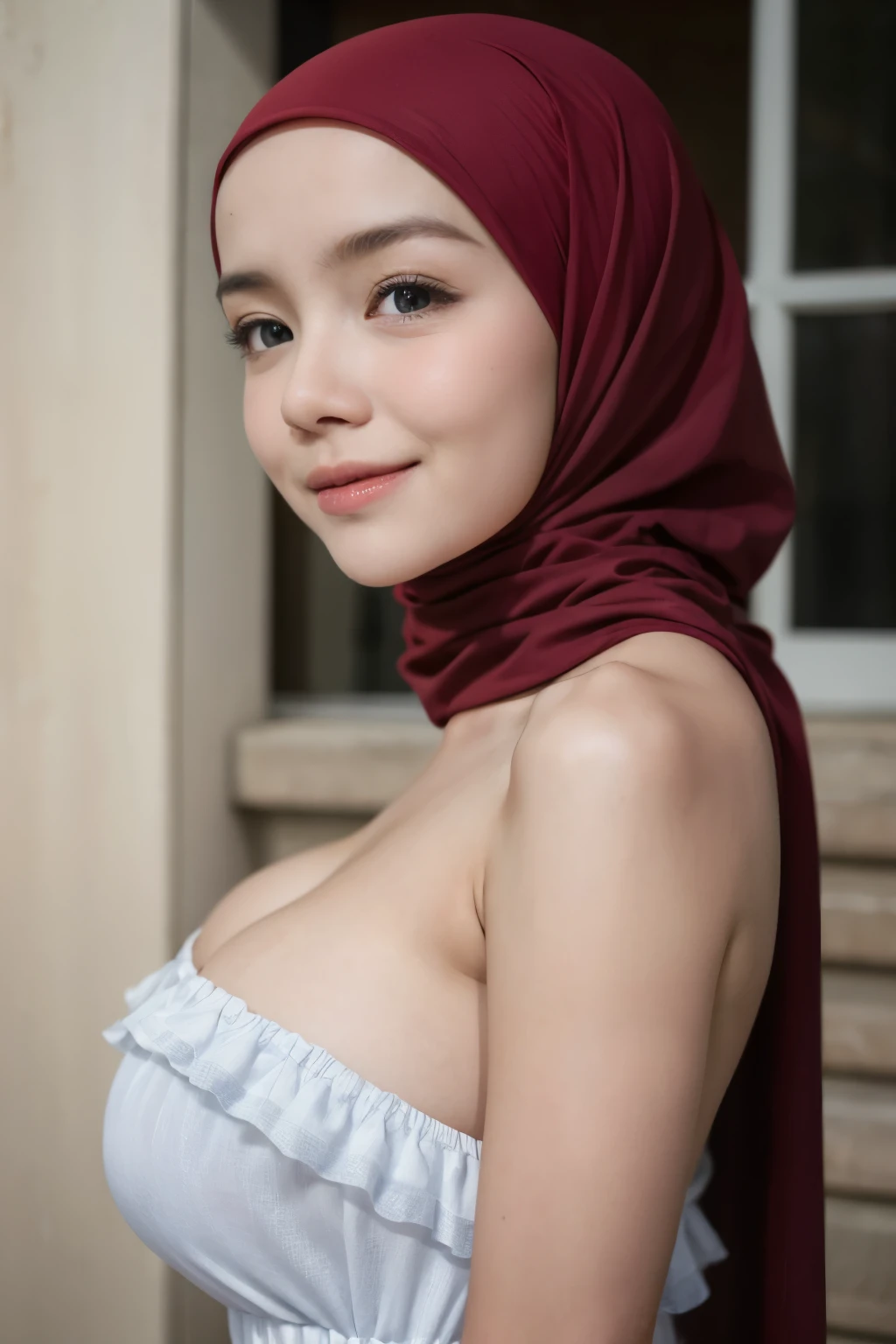 (Strapless dress), Chubby adorable, 1 girl, (face to face), , baby face, happy, half body portrait, (face details: 1), (eye details: 1), ((big breasts)). wearing transparent transparency soft soft night dress, ((hijab)), .. Cute posed. proportional body. Ultra High Res. realistic: 1.4, UHD, (floral pattern), view from side seductive pose ((naked brown)).