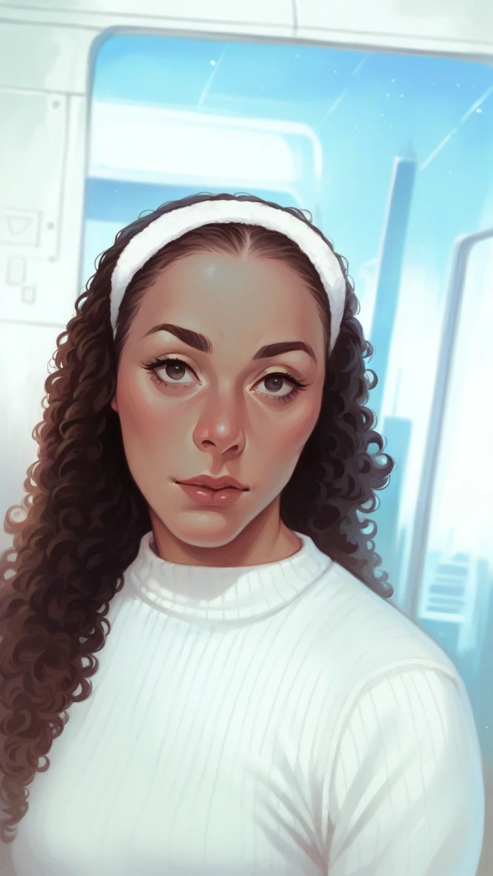I want a futuristic background, very realistic image in high quality, curly hair, a pretty complexion