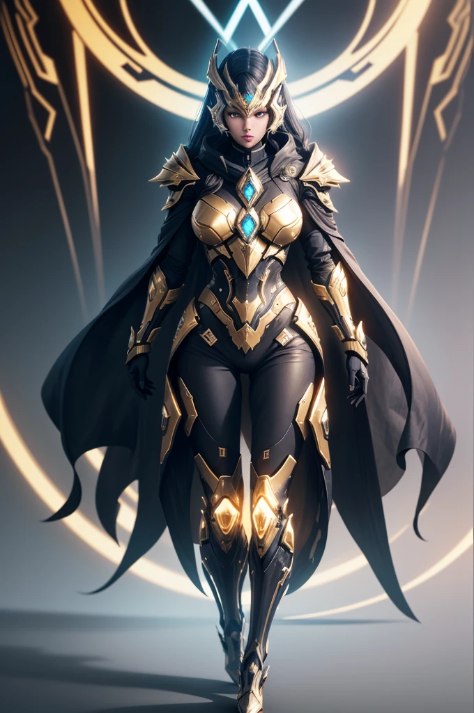 The image shows Ordis, the artificial intelligence of the game Warframe. Ordis features a compact robotic form with a sleek, futuristic design. The top is golden, with metallic details that resemble a stylized face with glowing blue eyes. Below that golden section, there is a black structure that appears to be part of the main body, possibly some type of clothing or armor. The design is symmetrical and exudes a sense of sophistication and advanced technology, characteristic of the game universe.