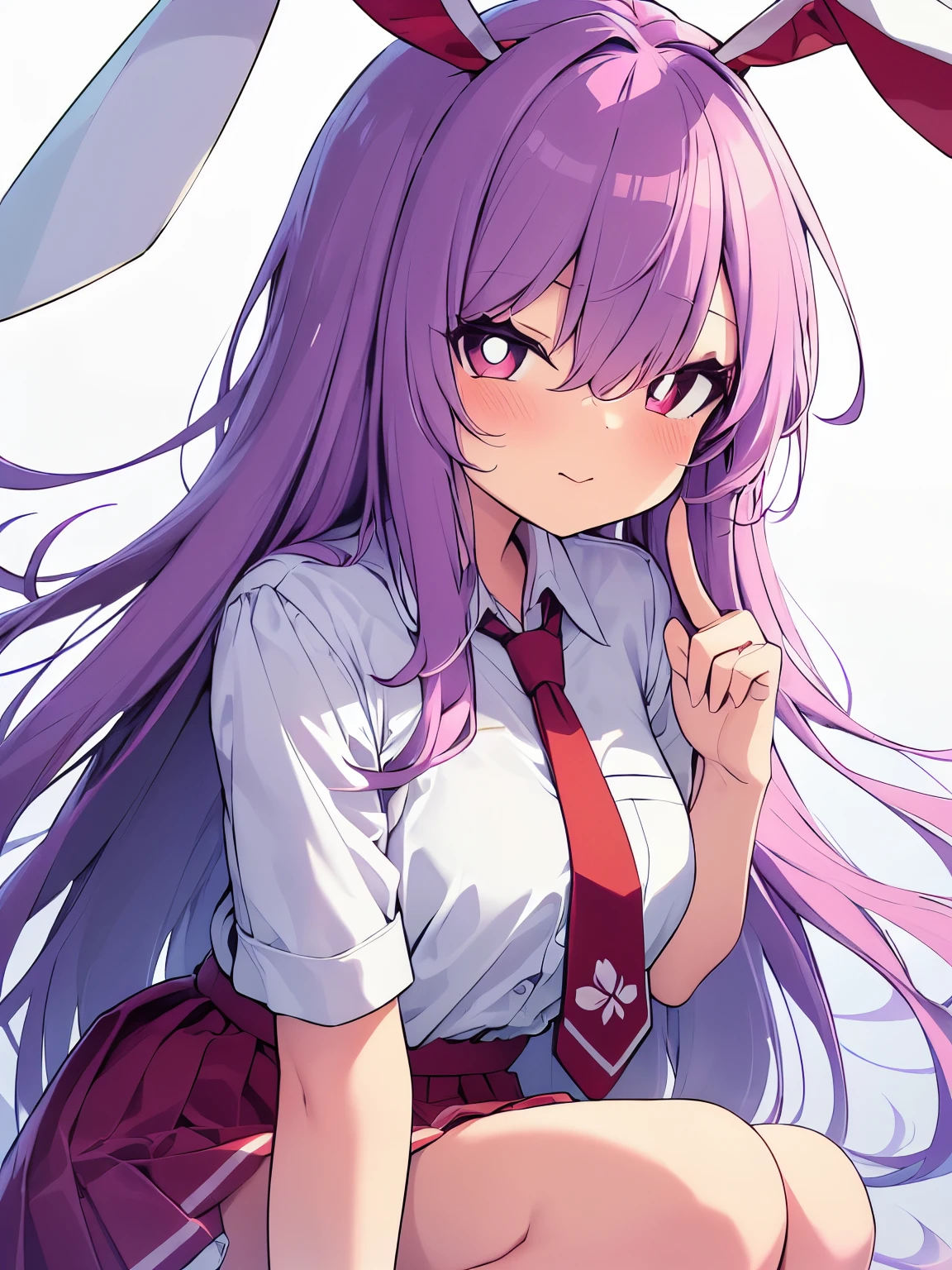 colorful, (best quality, ultra-high resolution, depth of field:1.2), Touhou Project, 1woman, {reisen udongein inaba}, long hair, (light purple hair:1.1), bangs, hair between eyes, rabbit ears, red eyes, (white pupils), winking, medium breasts, (white shirt), red necktie, pink skirt, frills, slightly tilting head, finger gun, (Japanese mansion background)