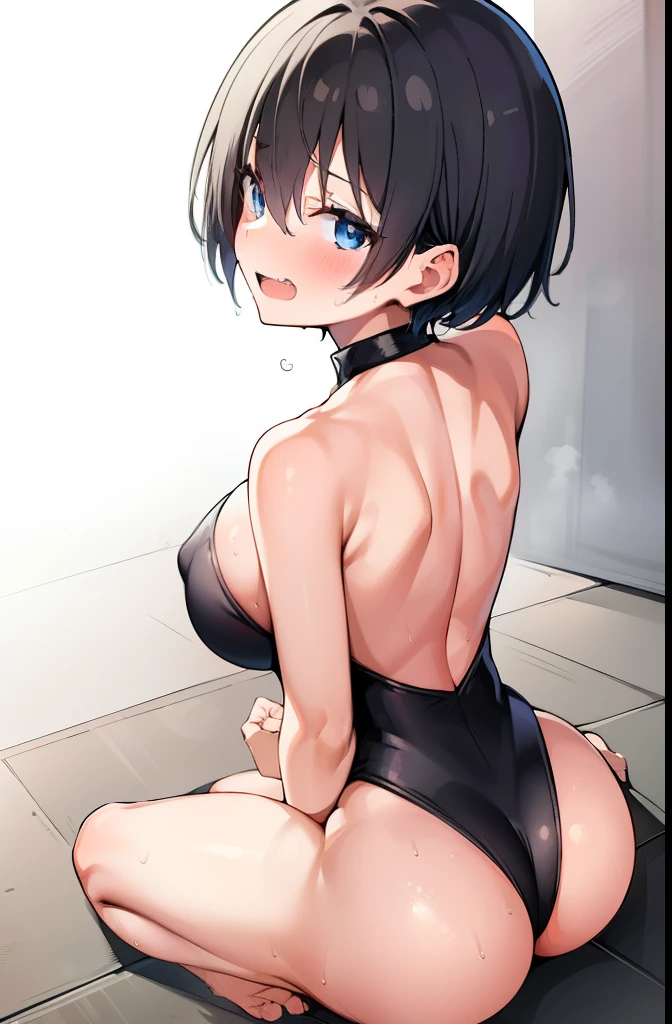 boyish,Very short hair,Black Hair,Large Breasts,Black leotard,High Leg,blush,blue eyes,forest,Sweat,Full body image,barefoot,smile,Please open your mouth wide,Haa,tickle,Backwards,back,Butt,