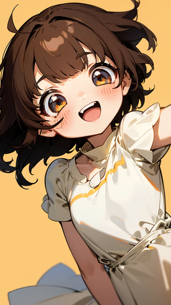 One girl, Brown Hair, Medium Hair, Textured skin, chest, Open your mouth, Bright Eyes, happiness/joy, Simple Background,,Anime Bangs, Dress up、Hair that hides one eye,chibi   character、chibi style
