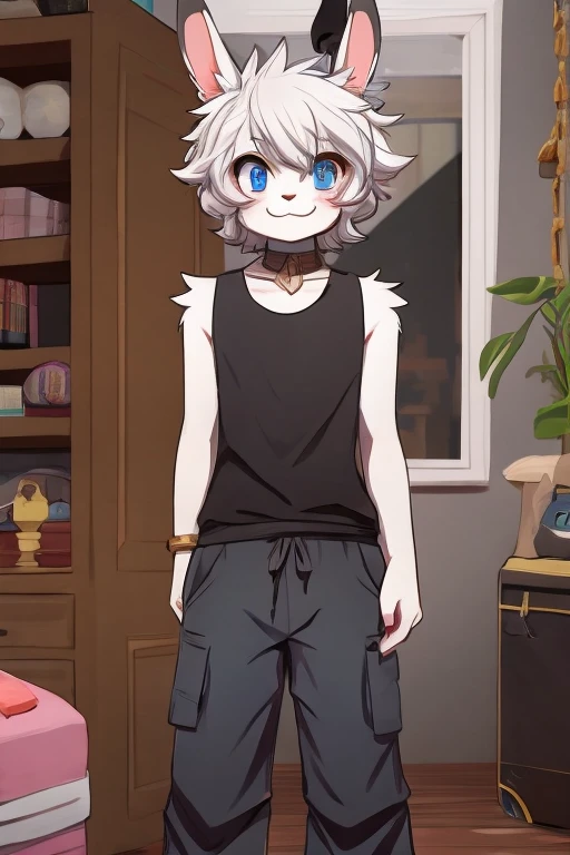 Art kemono,furry Masculine,furry rabbit,Rabbit ears,High,white fur color,Short hair,Curly hair,White hairCute faceLight blue eyes,Smiling,Blinking the eye,Tank top,Black shirt color,cargo pants,Pant color dark blue,Apartment cartoon scenery.