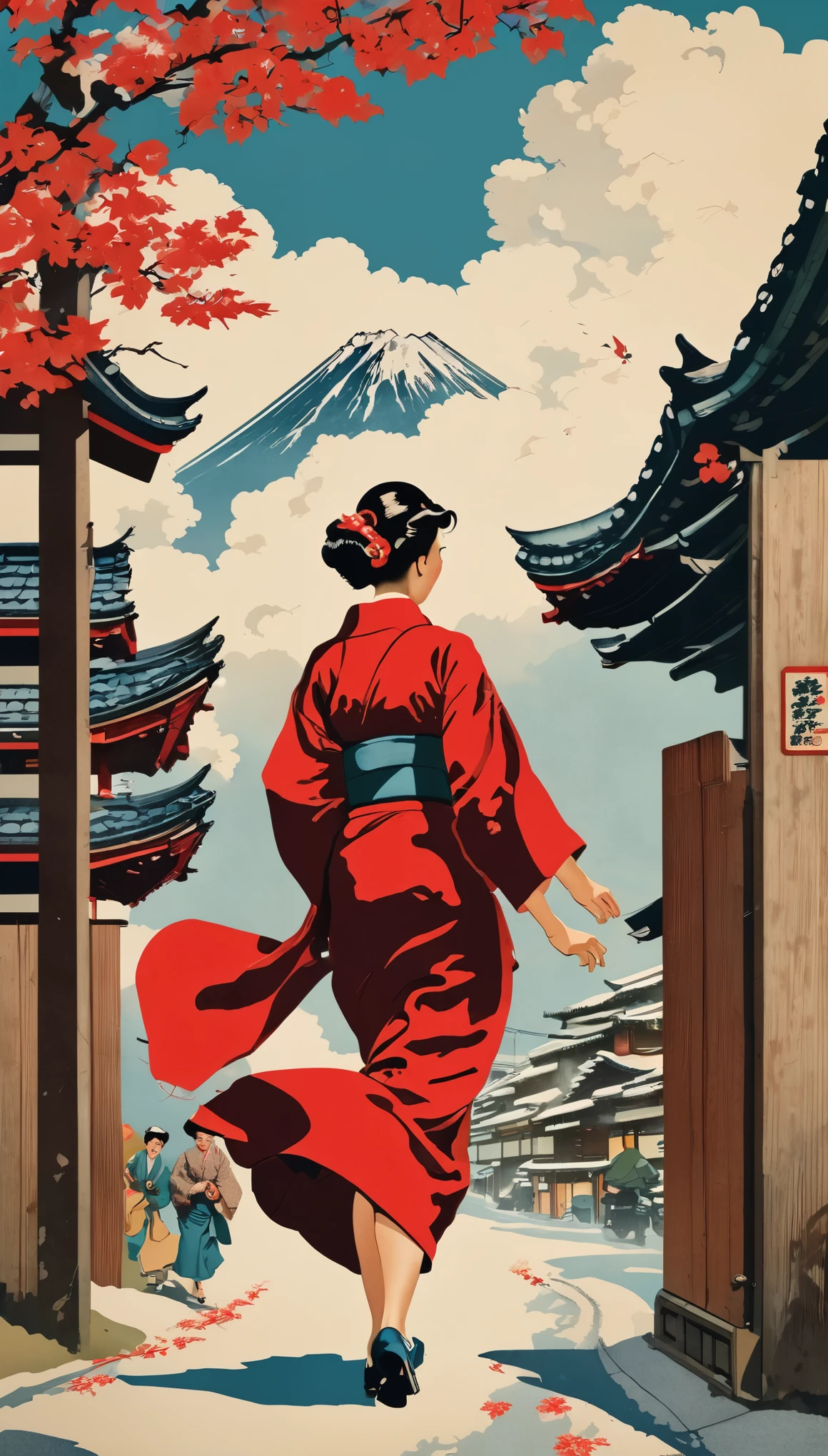 Postcard, Retro, Vintage,Japan,Graphic Illustration,Detailed 2D illustrations,Flat Illustration, Digital Illustration,Digital Art,Norman Rockwell wind