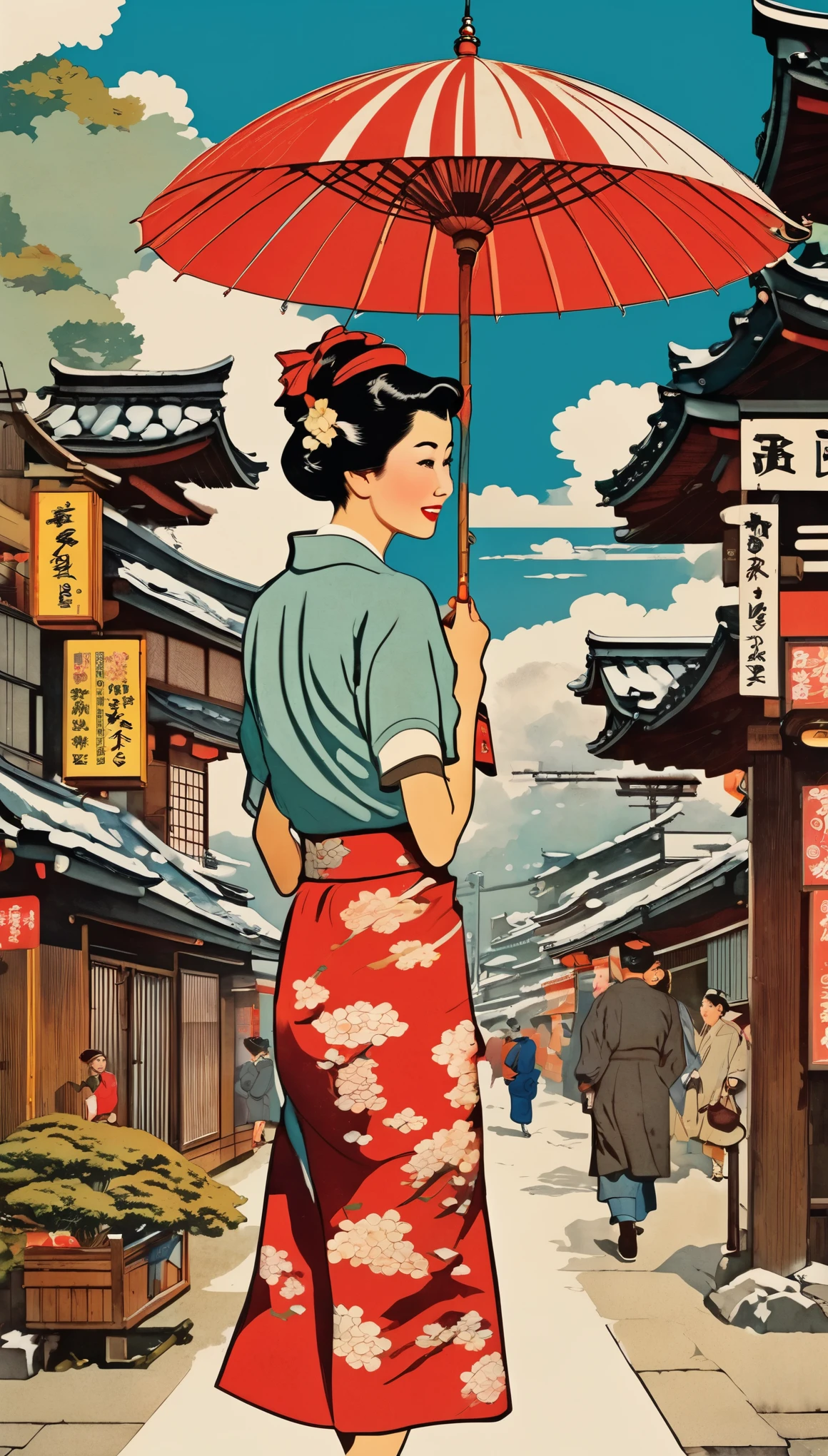 Postcard, Retro, Vintage,Japan,Graphic Illustration,Detailed 2D illustrations,Flat Illustration, Digital Illustration,Digital Art,Norman Rockwell wind