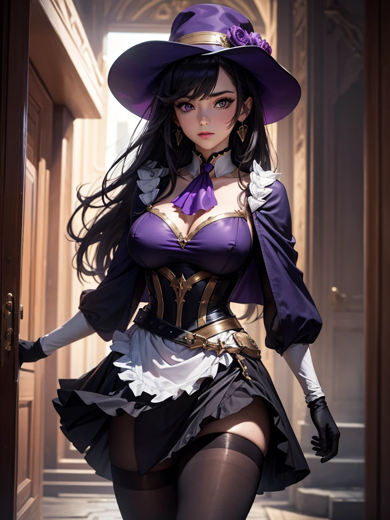 masterpiece, 32k uhd best quality, highly detailed, 1 girl, solo, giclorinde, purple eyes, big breasts, hair between eyes, long hair, dark blue hair, earrings, black skirt, miniskirt, pantyhose, purple ascot, purple capelet, black corset , black pantyhose, black skirt, white gloves, hat, tricorn hat, in fontaine.
