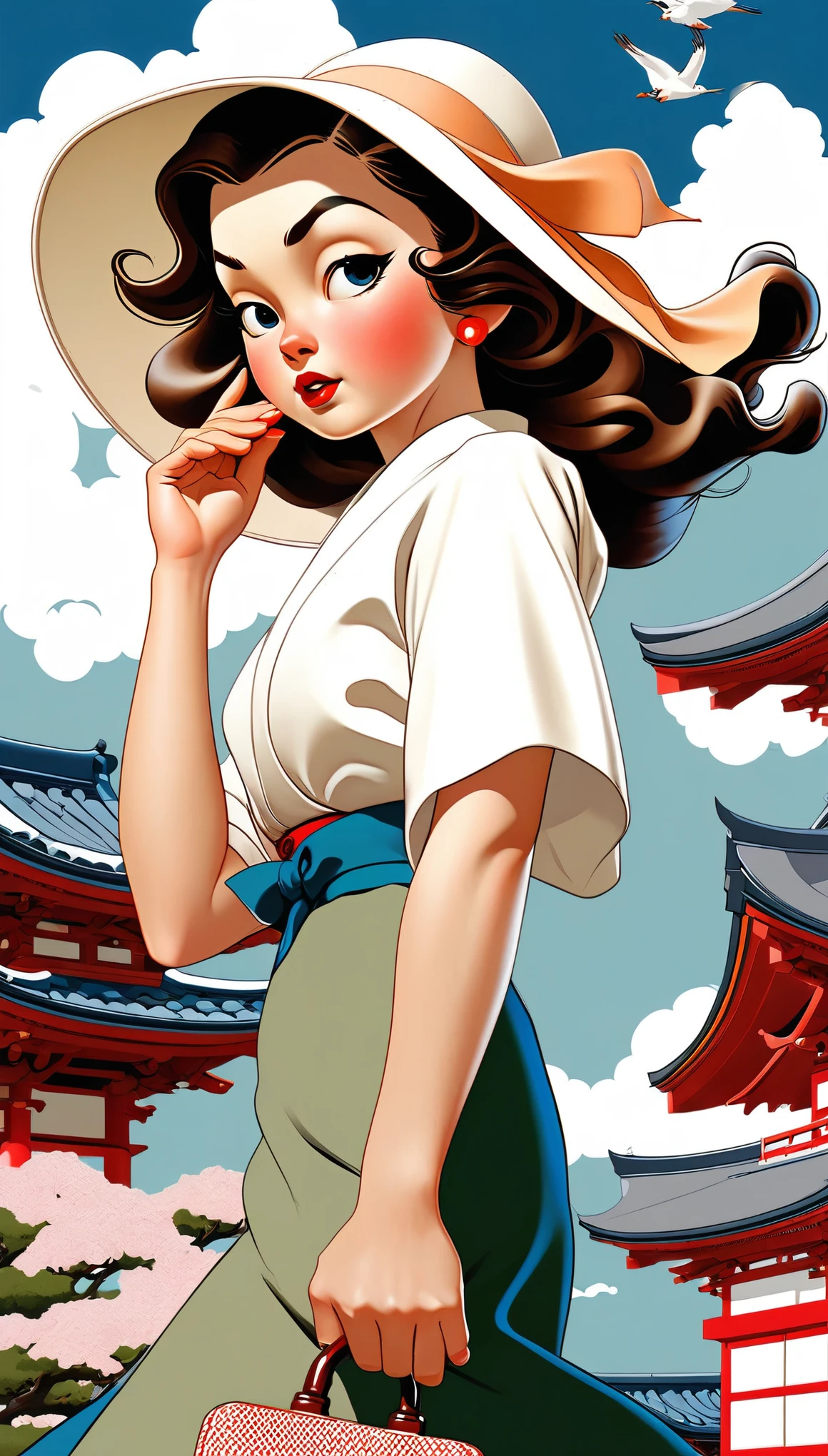 Postcard, Retro, Vintage,Japan,Graphic Illustration,Detailed 2D illustrations,Flat Illustration, Digital Illustration,Digital Art,Norman Rockwell wind