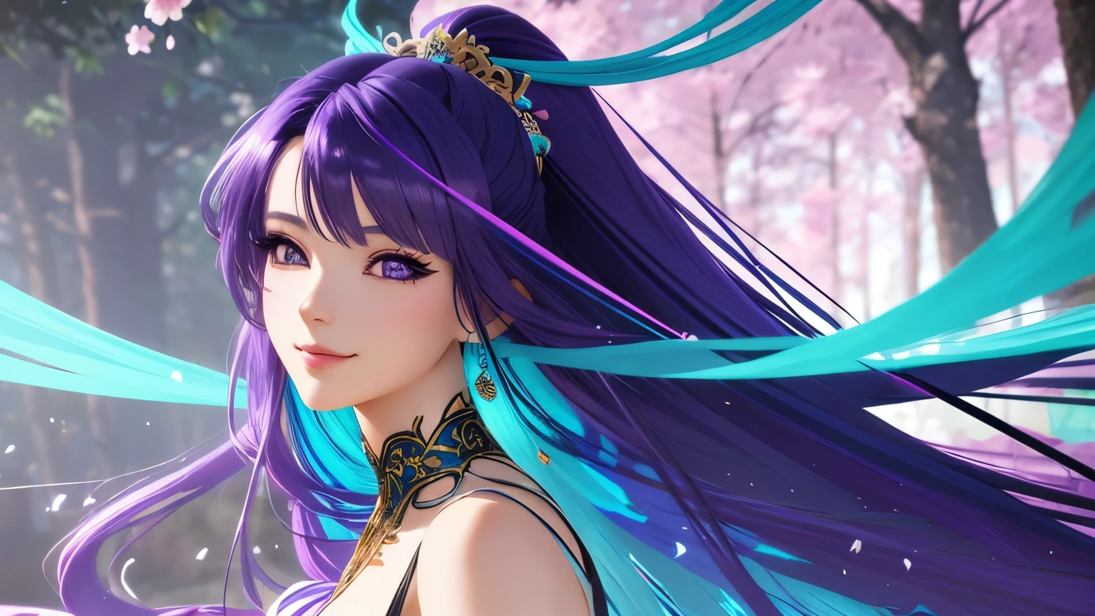 2d anime style, Beautiful looking woman, long purple hair, Surrounded by trees, turquoise dress, hair exploding into multicolored blue and violet flowers, finely detailed features, intricate brush strokes, happy, smile, perfect face, beautiful lighting, Cinematic, Color Grading, Depth of Field, intricate details, Unreal Engine, Character Concept Art, creative, expressive, stylized anatomy, digital art, 3D rendering, unique, award-winning, Adobe Photoshop, well-developed concept, distinct personality, vivid make-up