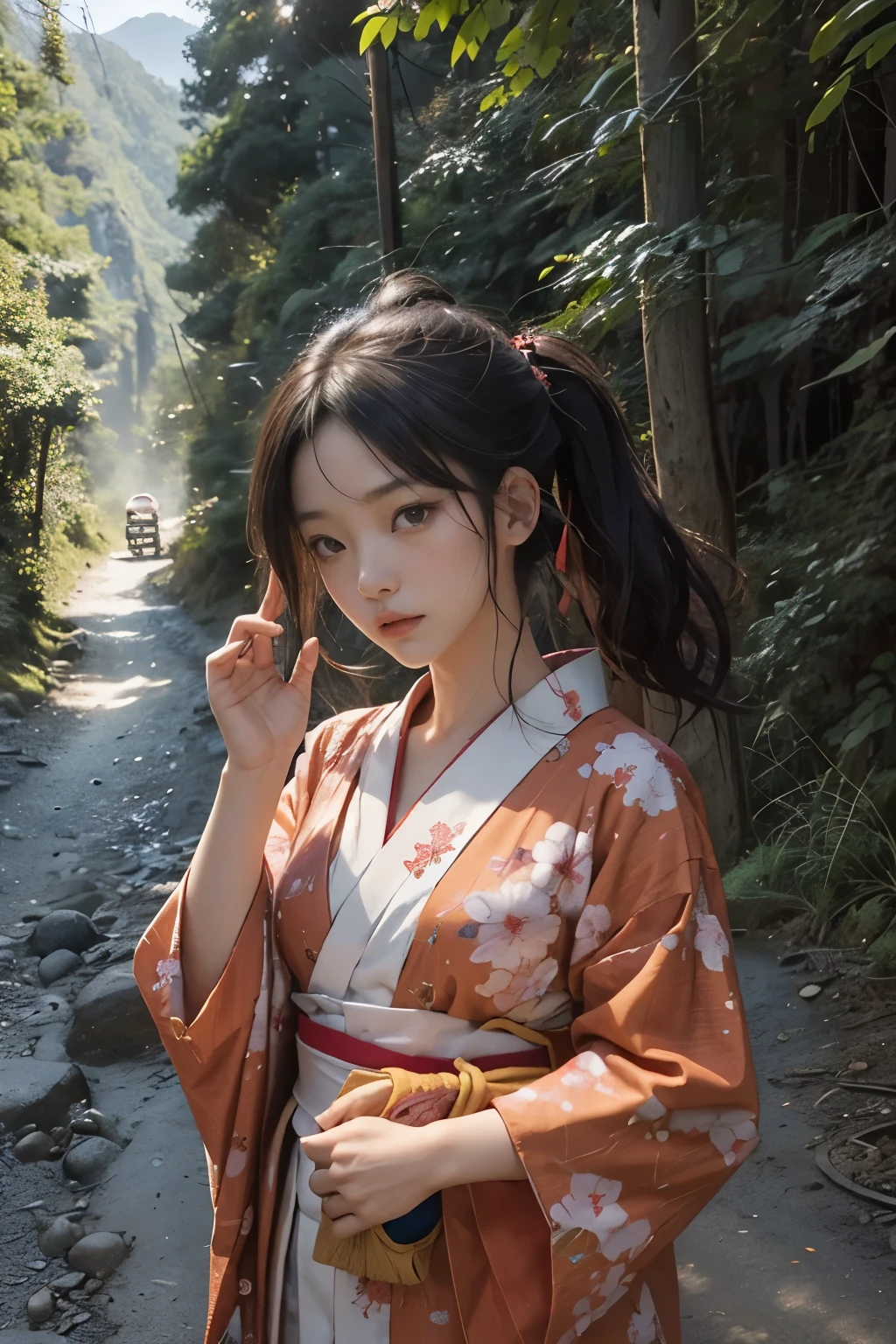Beautiful,Junko Ishihara,Over Amagi,Prostitute,or period,Years falls,Flame of Love,Disheveled Japanese clothing,In the mountains,The twists and turns of the deep mountains,Flames of Passion,Mature women in their thirties,A devoted beauty,Disheveled Hair,Disheveled outfit,A half-crazed woman obsessed with love,Disheveled, thin kimono,thin yukata,A distraught yukata wearer,Female Artist,Narrow eyes,Single-minded gaze,or period,Unpaved mountain roads,the dark forest,Unpaved road,promenade,Mountain trail,Dirt Road,When the road wasn't paved yet,Old mountain path,ground road,carriage,rickshaw,She's wearing light clothing and her chest is exposed.,Beautiful Mature Woman,Her chest is open, exposing her beautiful nipples.,A narrow path leading uphill,A lightly dressed kimono that is slightly disheveled,No cars, only horses and rickshaws,A narrow road just wide enough for one person to pass through々A path through a dark mountain forest covered with snow,Steep dirt road,Dirt-stained area around the feet,Climbing dangerous mountain trails,Animal trail,Unpaved road,Paths for wild boars, etc.,Extremely small and flat chest,Beautiful nipples,The face of a virtuous angel with many good experiences,A beautiful face like a legendary celestial maiden,Unpaved mountain road,Indigo yukata,Wearing cute wooden women's can,No baggage,Holding a single flower,On the ground in the mountains,in the forest,A tall peak in the distance々,A thin yukata,Beautiful nipples,Beauty,The length of the yukata is long,Face close-up,promenade,Kemono Road,All gravel roads,All off-road,Dark Night Road,Moonlight only,Are thin,Leaner figure,A slender beauty with an unfortunate past,Dark night road in the forest,One straight road,Hanni in New Jeans,off road,Private roads,animal trail,Lonely mountain path in the forest,far and near method,Out of focus background,off road walking,Small breasts,Flat Bust,A soft smile,Off-road in the dark mountains with only moonlight,Midnight,Pitch black night road,