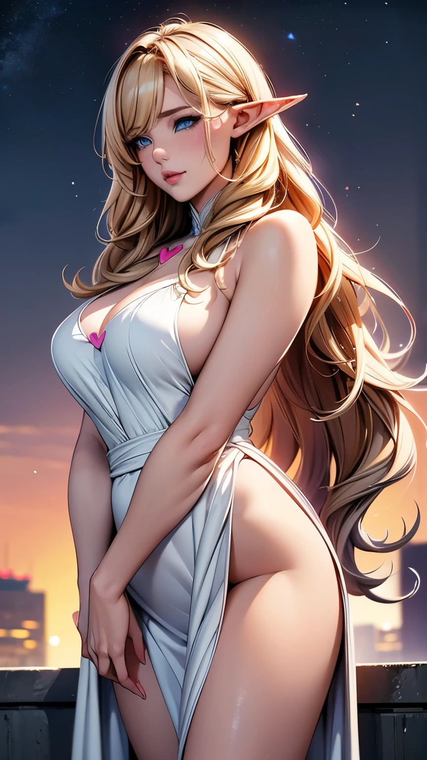 1 Elf Girl, one person, (Beautiful elf lady in love), (Honey Blonde), (Extra long wavy hair), Hair, Long bangs, Shiny hair, (Symphony Blue Eyes), High-definition and delicate eyes, (Colorful eye makeup, Red lips), Ultra-delicate facial care, Elf ears turned up, Porcelain skin, Warm skin tones, Little blush, whole body, Extremely detailed, rest, 
  Maxi dress with pink and white details, minimalistic outfit, (Several hearts are spinning around the body), ( _Giving Heart:1.4
), Hands together, rest, 
  Walking in the street, In the cyberpunk future city, Ancient streets, Starry night sky, meteor, cloud, neon, Pink Heart, Detailed background, rest, 
  whole body, Photography Art, Shallow depth of field, 8k Photo, Chiaroscuro, spark, Volumetric Lighting, Edge lighting, 工作室light, light, rest,
  Theme anime illustrations, (Crossover art between classical and futuristic styles), Realist anime, Ibrahimovic pictures, best quality, 8K picture quality, 8k detail, masterpiece, high resolution, CG Unity, 