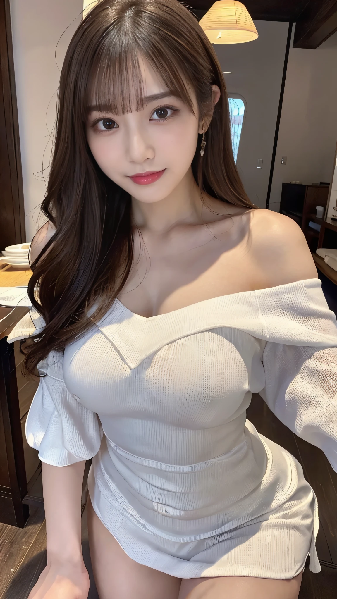(Detailed skin:1.2),(Shiny skin:1.1),8k,Highest quality, masterpiece, Ultra-high resolution,(Realistic:1.4), RAW Photos,(Soft saturation:1),(Fair skin:1.2),(Succubus:1.2),Half-Japanese beauty,23 years old, (Light brown hair),(Long Hair:1.3)), (Pretty face:1.4), (Large Breasts, Tight waist,Big firm hips:1.2), ((Beautiful lighting:1.3)), ((Off the shoulder、Mini Dress:1.2)),(Highly detailed face, Highly detailed lips, fine grain, double eyelid,Highly detailed and evenly balanced eyes), (Sharp focus:1.2), ((Full Body Shot)),(Perfect Anatomy:1.3),(Beautiful woman with perfect figure: 1.2)、((Random sexy poses:1.2))、Sharp Eyes,smile,(Seaside cottage)