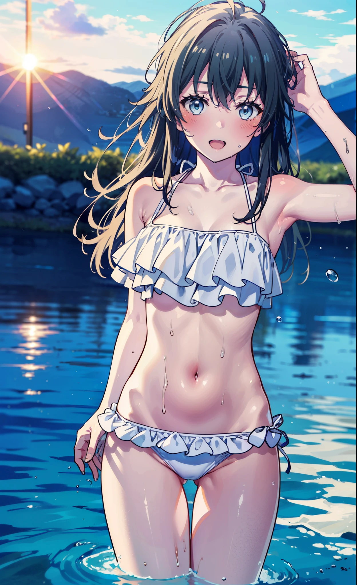 Yukino, yukino yukinoshita, Black Hair, blue eyes, Long Hair, Ahoge,White frilly bikini swimsuit,barefoot,Water Play,smile,blush,Open your mouth,Wet Hair,Wet Skin,Wet swimsuit,True Summer,Daytime,Clear skies,whole bodyがイラストに入るように,
break outdoors, Beach,
break looking at viewer,whole body, (Cowboy Shot:1.5),
break (masterpiece:1.2), Highest quality, High resolution, unity 8k wallpaper, (figure:0.8), (Beautiful attention to detail:1.6), Highly detailed face, Perfect lighting, Highly detailed CG, (Perfect hands, Perfect Anatomy),
