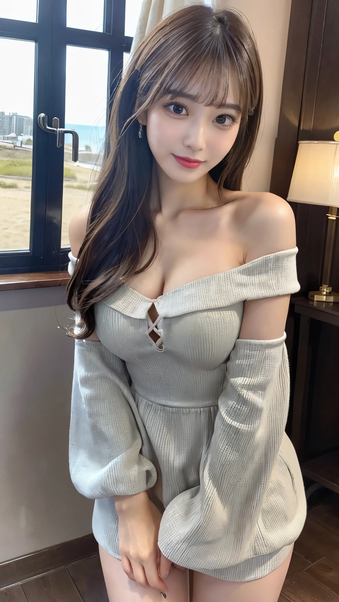 (Detailed skin:1.2),(Shiny skin:1.1),8k,Highest quality, masterpiece, Ultra-high resolution,(Realistic:1.4), RAW Photos,(Soft saturation:1),(Fair skin:1.2),(Succubus:1.2),Half-Japanese beauty,23 years old, (Light brown hair),(Long Hair:1.3)), (Pretty face:1.4), (Large Breasts, Tight waist,Big firm hips:1.2), ((Beautiful lighting:1.3)), ((Off the shoulder、Mini Dress:1.2)),(Highly detailed face, Highly detailed lips, fine grain, double eyelid,Highly detailed and evenly balanced eyes), (Sharp focus:1.2), ((Full Body Shot)),(Perfect Anatomy:1.3),(Beautiful woman with perfect figure: 1.2)、((Random sexy poses:1.2))、Sharp Eyes,smile,(Seaside cottage)
