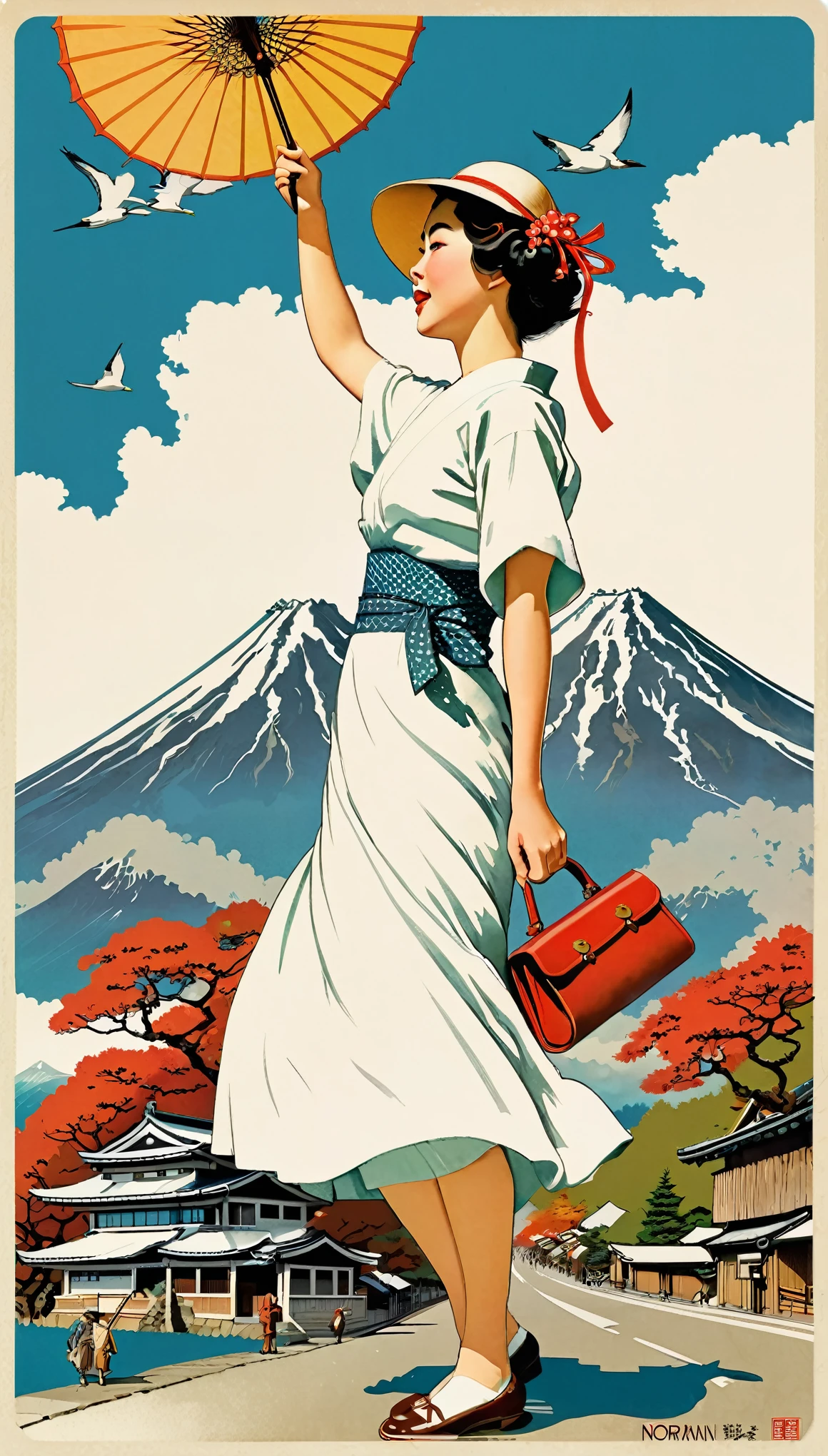 Postcard, Retro, Vintage,Japan,Graphic Illustration,Detailed 2D illustrations,Flat Illustration, Digital Illustration,Digital Art,Norman Rockwell wind