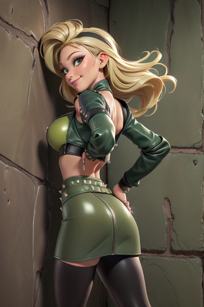 obra prima, melhor qualidade, ((one woman only,)) ((tanya tucker, glamor makeup,)) dirty blonde hair, 80s big blowout hairstyle, round cheeks, looking back over shoulder at me, (((eyes open, pucker face sexy smile,))) wearing shiny leather biker jacket, ((jacket unzipped, nip slip, ((dark green high waisted leather skirt,)) leather has studs and zippers and chains, body is slender, skinny shiny tight ass, ((facing wall, body pressed to wall, shoulders arched back, touching herself sexually,)) (camera view of whole body, back view of body,) shallow depth of field, highres, HD, 8k, anatomically correct