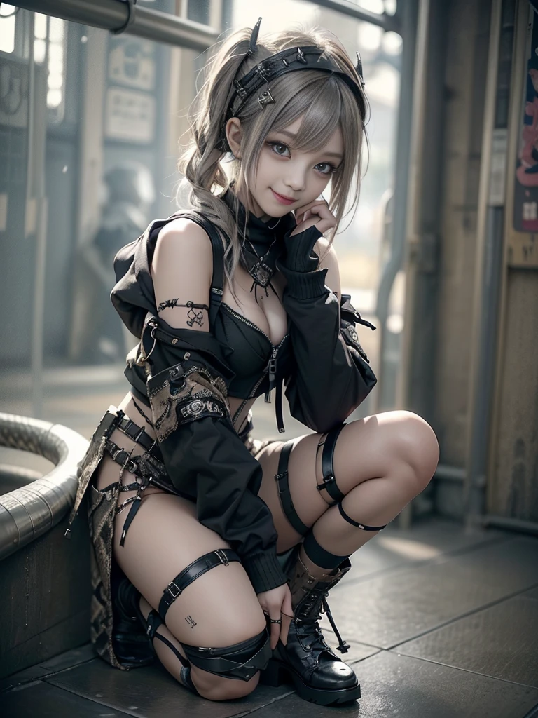 (Side view:1.1)、(Smiling with teeth showing:1.3),(Shibuya Gal:1.5)、(Beautiful:1.5)、(Neo-goth fashion:1.5)、(Punk RockVisual Kei:1.5)、(An off-the-shoulder hoodie in khaki and brown with delicate silver accessories.:1.5)、(A corset with a delicate beige and brown design:1.4)、(Dark grey, khaki and brown snakeskin bodysuit:1.5)、(Snake print headband:1.3)、(Beige and charcoal knee socks:1.4)、Embellished collar and long boots、(I'm selling snake print underwear.:1.4)、(Long eyelashes:1.3)、(Age 35)、((Highest quality、8k、masterpiece:1.3))、1 Female、Slim and beautiful abs:1.3、(hairstyle casual、Beautiful boobs:1.1)、(Doing an aerobics pose:1.3)、dress:1.1、Super small face、Narrow eyes、double eyelid、A sloppy smile、Esbian all over body、Dynamic Angle、Close-up、CPL Filter、Blurred Background、Bokeh、Blue Hour、Detailed face and skin texture、Detailed eyes、,(Twin tails:1.3)、(Black brown hair:1.3)、Gravure idol、(The background is a glamorous dance hall:1.3)、(Make your legs thinner:1.4)、(Slim Body:1.3)、(clavicle:1.1)