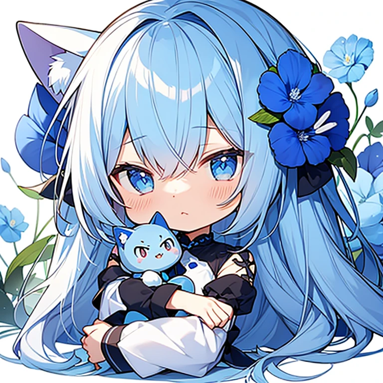 blue face,blue cat year,cute,,chibi character,blue flower,萌えアニメ,