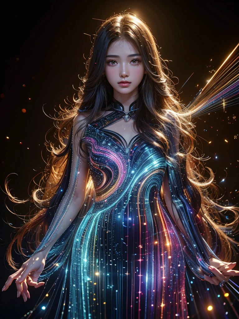 Ultra-Realistic Capture,18k,RAW Photos,Highest quality,masterpiece,reality,Very detailed,Very beautiful woman,Detailed face,Glowing Skin,Rainbow Skin,Automata,18-year-old ,Model body type,So many LEDs,Very long transparent dress made of light particles,Very detailedな電子機器の骨格,Connection line,Rainbow colors,(Very long hair),Black background,((middle finger)),