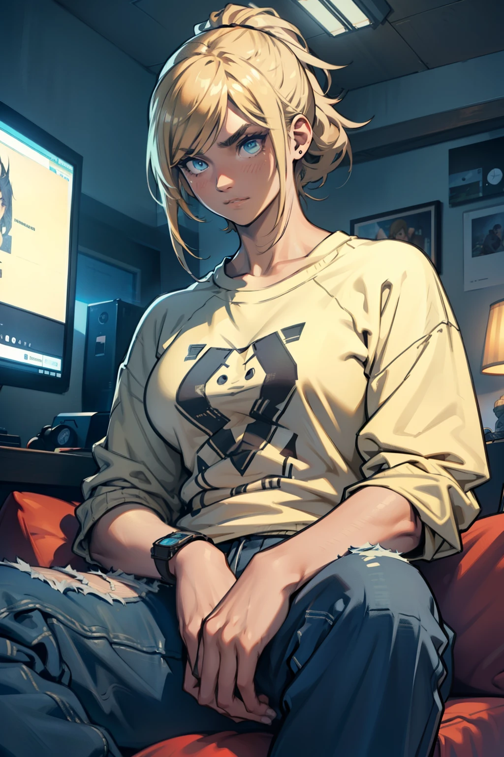 A young woman, clad in a casual sweater and jeans, stands next to her boyfriend, who is fully engrossed in a captivating video game on a large living room screen. Her boyfriend, a matured individual with a stubble beard and thick eyebrows, wears a comfortable t-shirt and sweatpants, his focus solely on the game. His eyes are hyperdetailed, displaying a mix of concentration and enjoyment, while his posture and the way his hair cascades down to his shoulders are ultra-detailed. The living room is perfectly lit, highlighting the warm glow of the gaming setup. The girl watches him with a soft smile on her face, her expression captured in exquisite