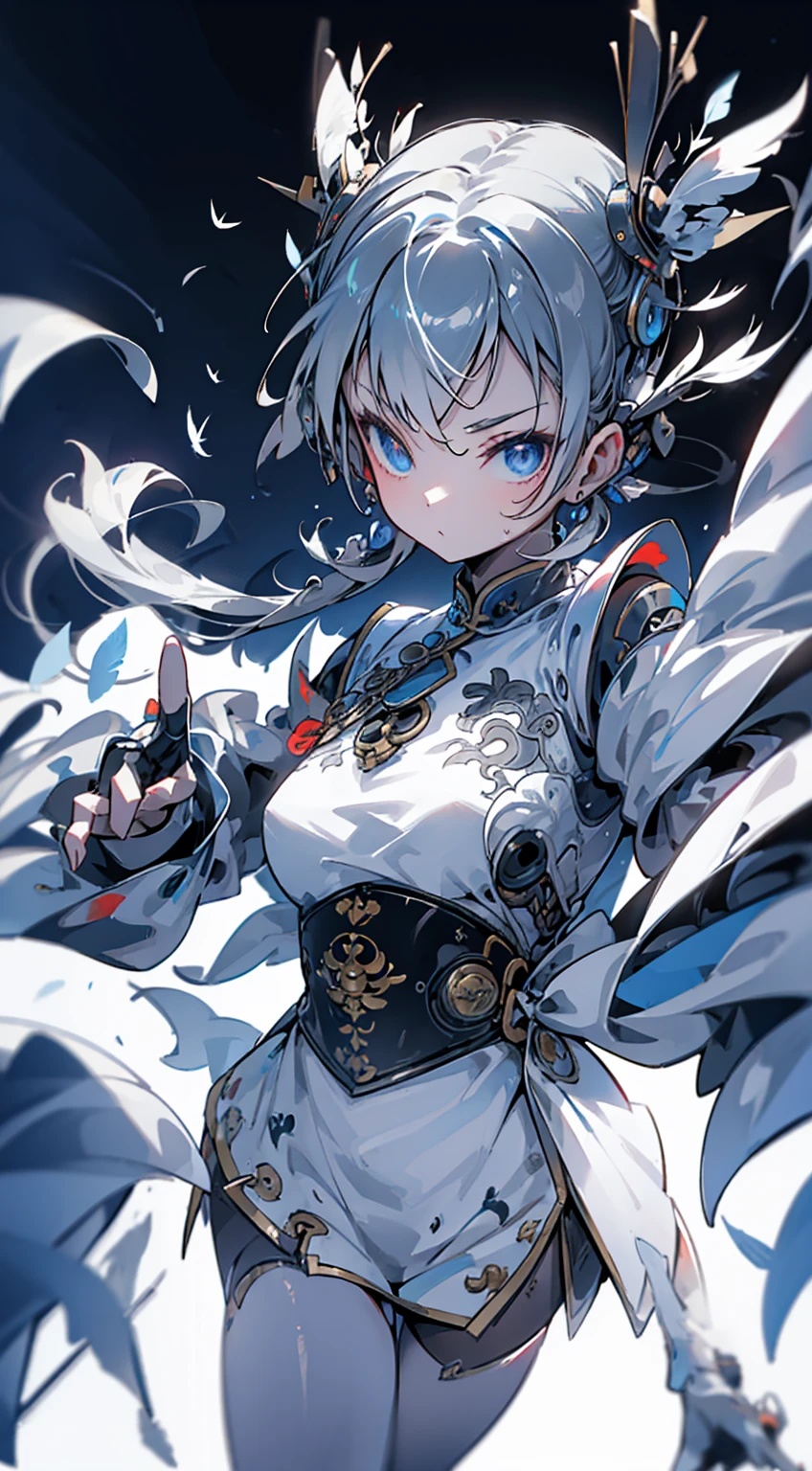 Cyberpunk style,bird girl,Bird Girl,Crane style,Crane element,black vs white,black vs white,White hair,White long hair,White clothes,harpy,wing,wing,Feather sleeves,wing袖子,wing衣服,wing服装,White cheongsam,Feather costume,feather folding fan,Feather fan handheld fan,feather folding fan,Kung Fu Girl Chinese Style,Fighting style,Cyberpunk style,Street background,赛博朋克Urban BackgroundStreet background,赛博朋克Street background,Urban Background,Standing posture,Fighting Stance,Fighting Stance,Boxing Stance,Boxing stance,Close-up above the waist,Ball head,White hair,White long hair,White hair
