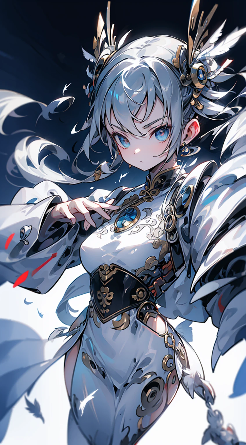 Cyberpunk style，bird girl，Bird Girl，Crane style，Crane element，black vs white，black vs white，White hair，White long hair，White clothes，harpy，wing，wing，Feather sleeves，wing袖子，wing衣服，wing服装，White cheongsam，Feather costume，feather folding fan，Feather fan handheld fan，feather folding fan，Kung Fu Girl Chinese Style，Fighting style，Cyberpunk style，Street background，赛博朋克Urban BackgroundStreet background，赛博朋克Street background，Urban Background，Standing posture，Fighting Stance，Fighting Stance，Boxing Stance，Boxing stance，Close-up above the waist，Ball head，White hair，White long hair，White hair