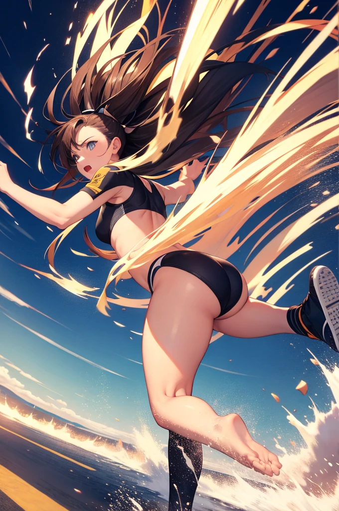 Jumping steel equipment nudist、Torn clothes scattered around、Unstable buoyancy sandstorm、amazing dynamism、great angle、