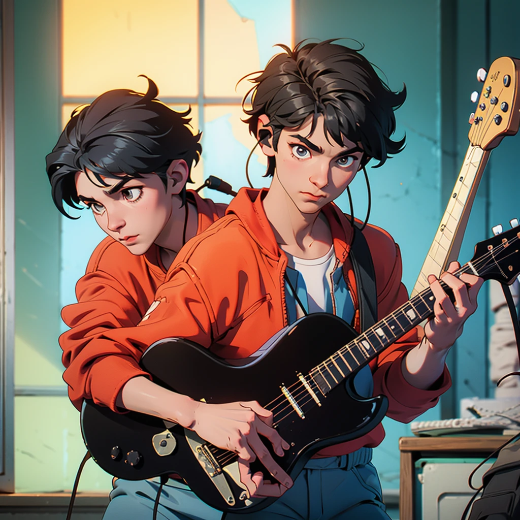 boy in the room playing the guitar, with headphones in his ears