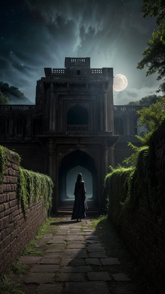 A dark, haunted manor at night, ghostly apparitions, eerie atmosphere, detailed architecture, moonlit landscape, (best quality,4k,8k,highres,masterpiece:1.2),ultra-detailed,(realistic,photorealistic,photo-realistic:1.37),HDR,UHD,studio lighting,ultra-fine painting,sharp focus,physically-based rendering,extreme detail description,professional,vivid colors,bokeh,horror,dark fantasy,moody lighting,dramatic shadows,fog,mist,glowing eyes,translucent ghostly figures,crumbling walls,overgrown gardens,full moon,starry night sky at bhangarh fort,