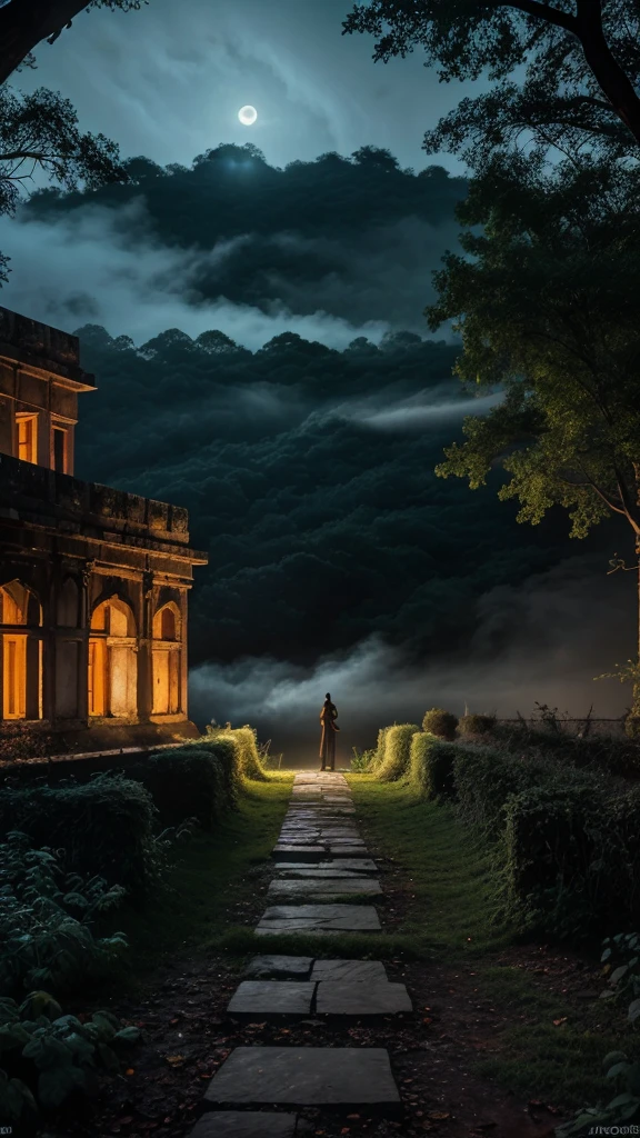 A dark, haunted manor at night, ghostly apparitions, eerie atmosphere, detailed architecture, moonlit landscape, (best quality,4k,8k,highres,masterpiece:1.2),ultra-detailed,(realistic,photorealistic,photo-realistic:1.37),HDR,UHD,studio lighting,ultra-fine painting,sharp focus,physically-based rendering,extreme detail description,professional,vivid colors,bokeh,horror,dark fantasy,moody lighting,dramatic shadows,fog,mist,glowing eyes,translucent ghostly figures,crumbling walls,overgrown gardens,full moon,starry night sky at bhangarh fort,