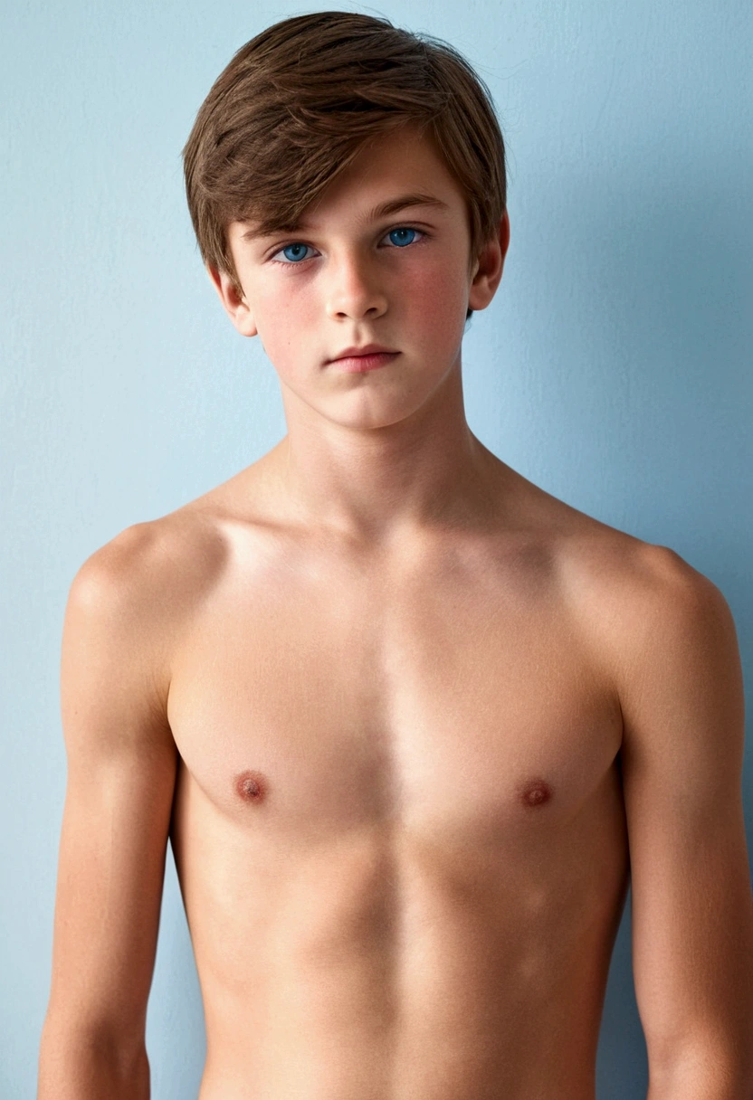 a beautiful boy, , very fine European features, Brown hair, blue eyes, sad look, peaceful look, naked,.strong chest, big nipples, pointy nipples, very masculine, Strong legs, shapely legs.