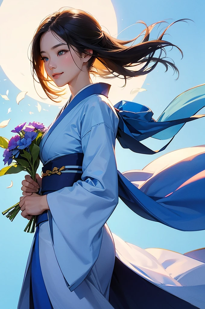 Under a clear blue sky, a beautiful woman wearing a blue kimono smiles while holding a bouquet of flowers.