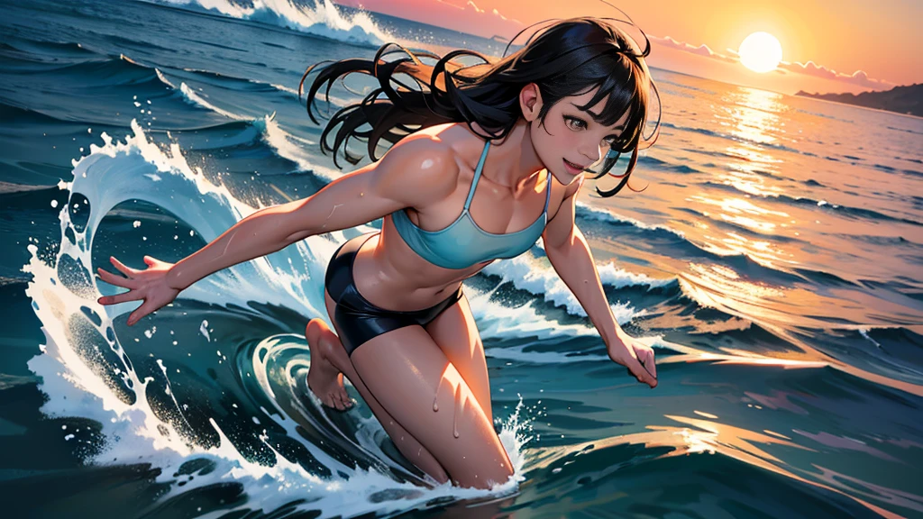 1girl, Surfing, a surfer riding a huge wave, ocean waves crashing, beautiful detailed eyes, beautiful detailed lips, extremely detailed face and skin, long hair blowing in the wind, muscular fit body, ocean spray, golden hour lighting, vibrant colors, cinematic composition, 8k, highres, masterpiece, best quality, very aesthetic, absurdres