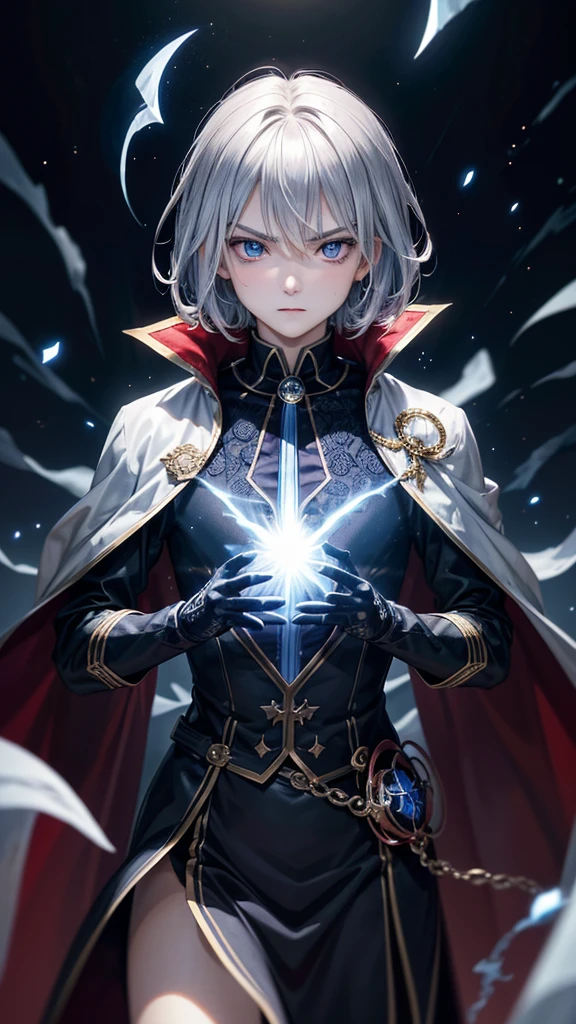 (Highest quality,Very detailed,High resolution:1.2),One adult male,Silver Hair,The most beautiful young man in human history,Dark blue eyes (Dark blue eyes:1.1),さみし気なaura(aura:1.1),(mysterious,Ghostly:1.1) atmosphere,Looks like half a demon,(Demonic traits,Demonic traits),(Elaborate,wonderful) ,Strong body、Shortcuts、Use magic、auraが漂う、Cape、Powerful、Confident expression、Are standing、Very Short Hair、Hair in transverse divisions、Perm、Sharp Eyes、Angry、Throws glowing blue fireballs、Emits a flash of light from the body、profile
